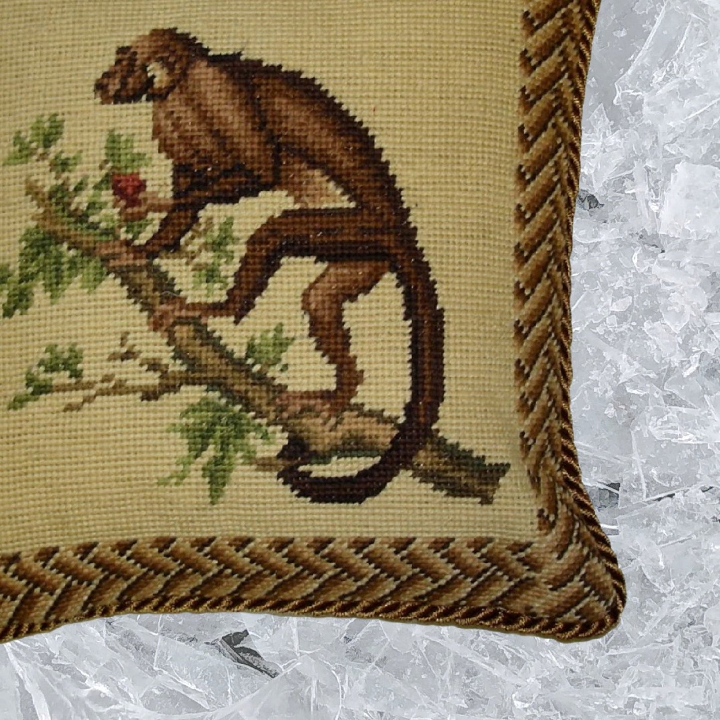 Handmade Wool Needlepoint Pillow Cover - Decorative Throw Cushion Cover - Vintage Floral Embroidery Design monkey holding the peach