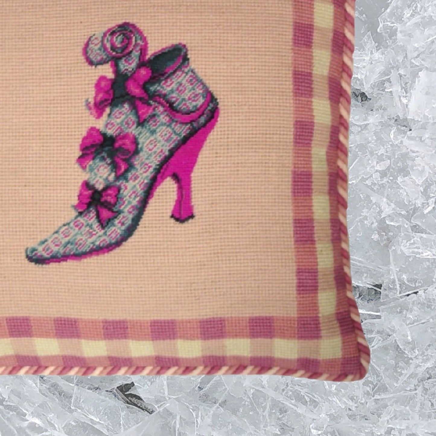 Handmade Wool Needlepoint Pillow Cover - Decorative Throw Cushion Cover - Vintage Floral Embroidery Design bow show pink background with 2 color cording