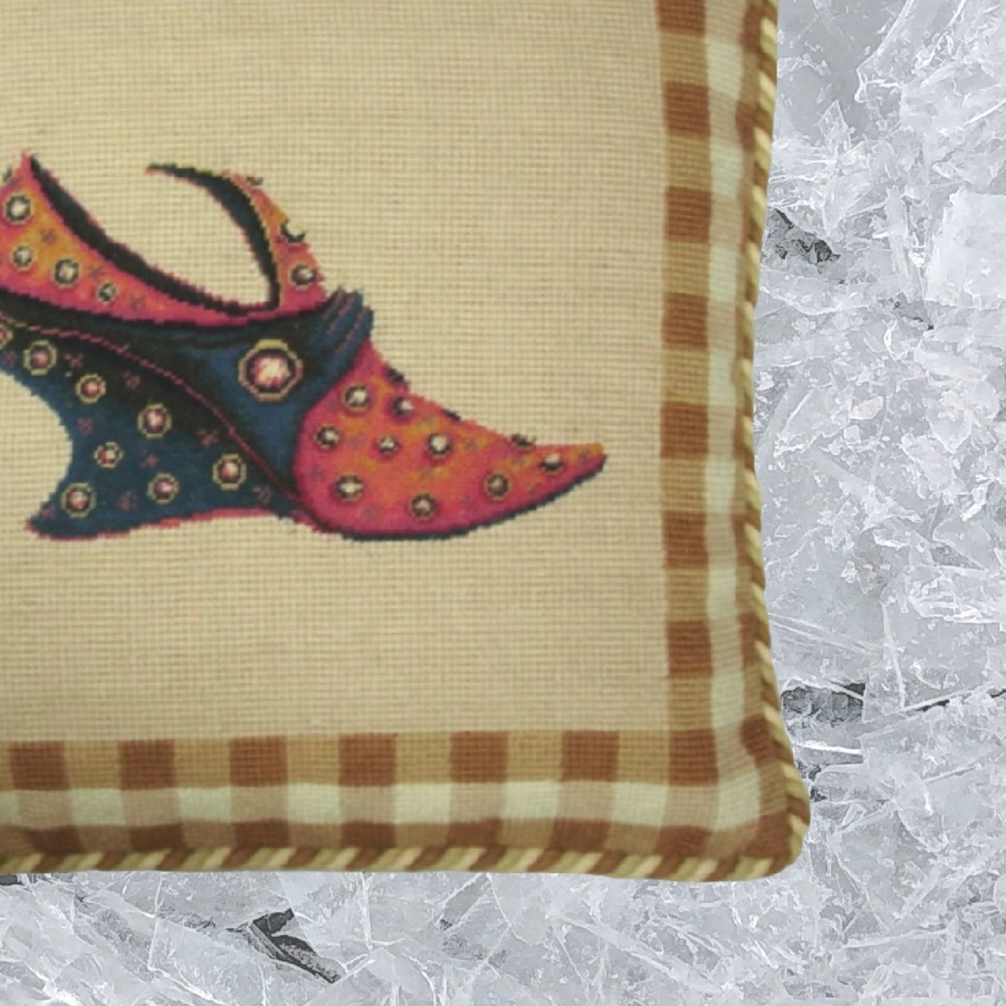 Handmade Wool Needlepoint Pillow Cover - Decorative Throw Cushion Cover - Vintage Floral Embroidery Design carton shoe badge background with 2 color cording