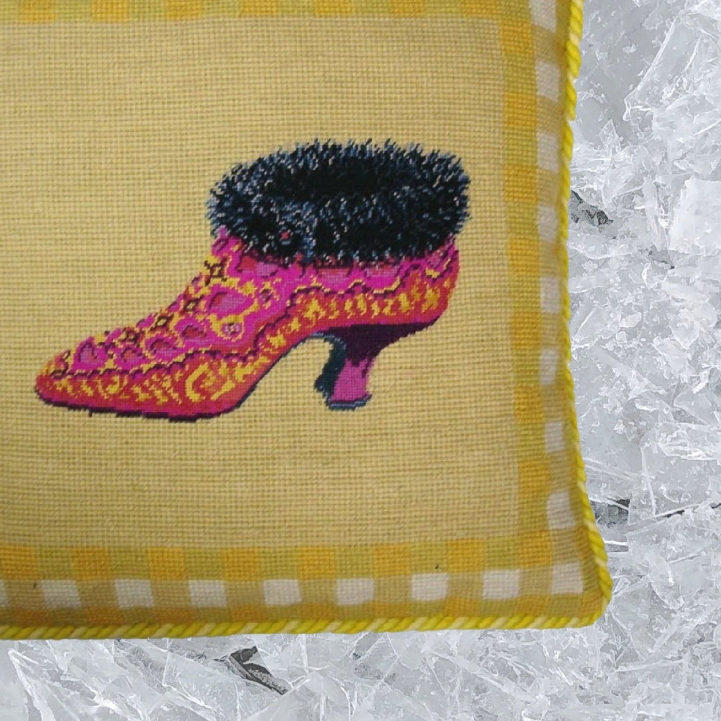 Handmade Wool Needlepoint Pillow Cover - Decorative Throw Cushion Cover - Vintage Floral Embroidery Design  fur shoe yellow background with 2 color cording