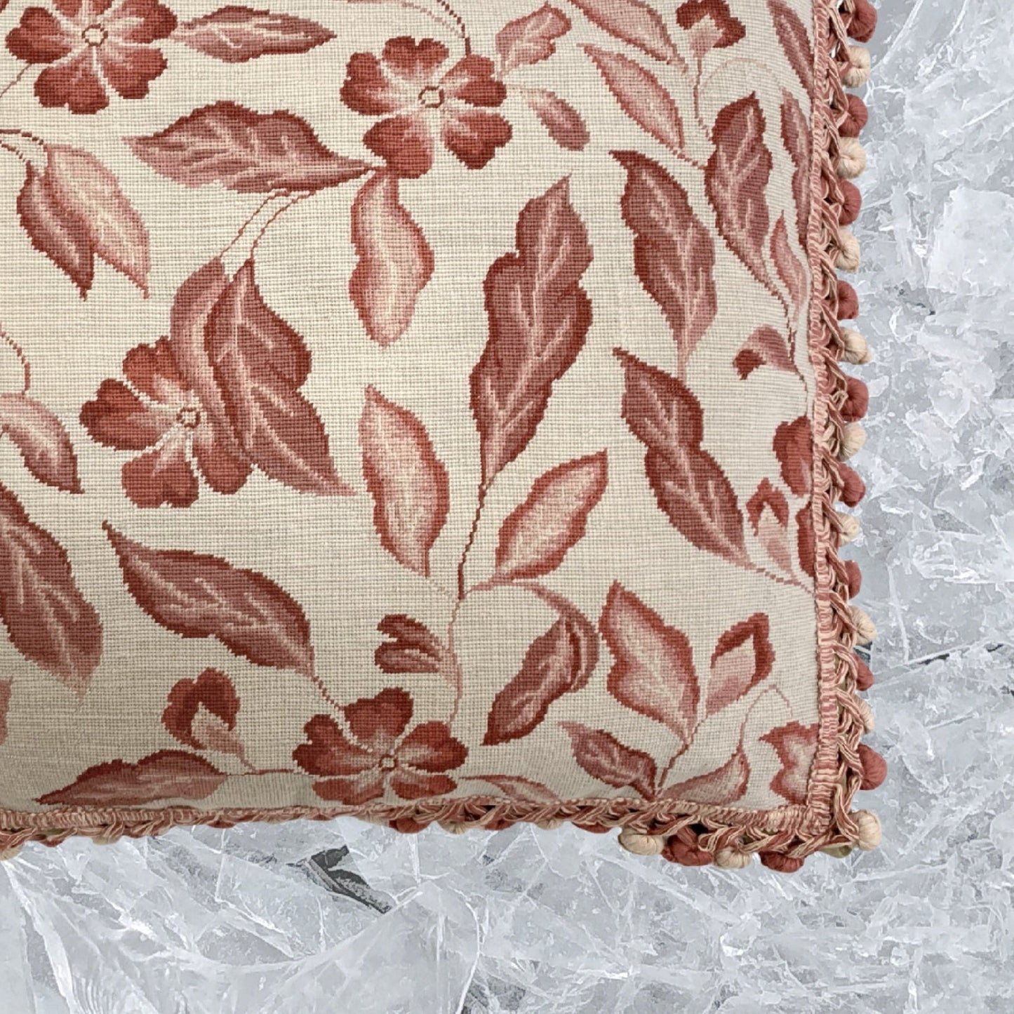 Handmade Wool Needlepoint Pillow Cover - Decorative Throw Cushion Cover - Vintage Floral Embroidery Design  red leaves with tassel