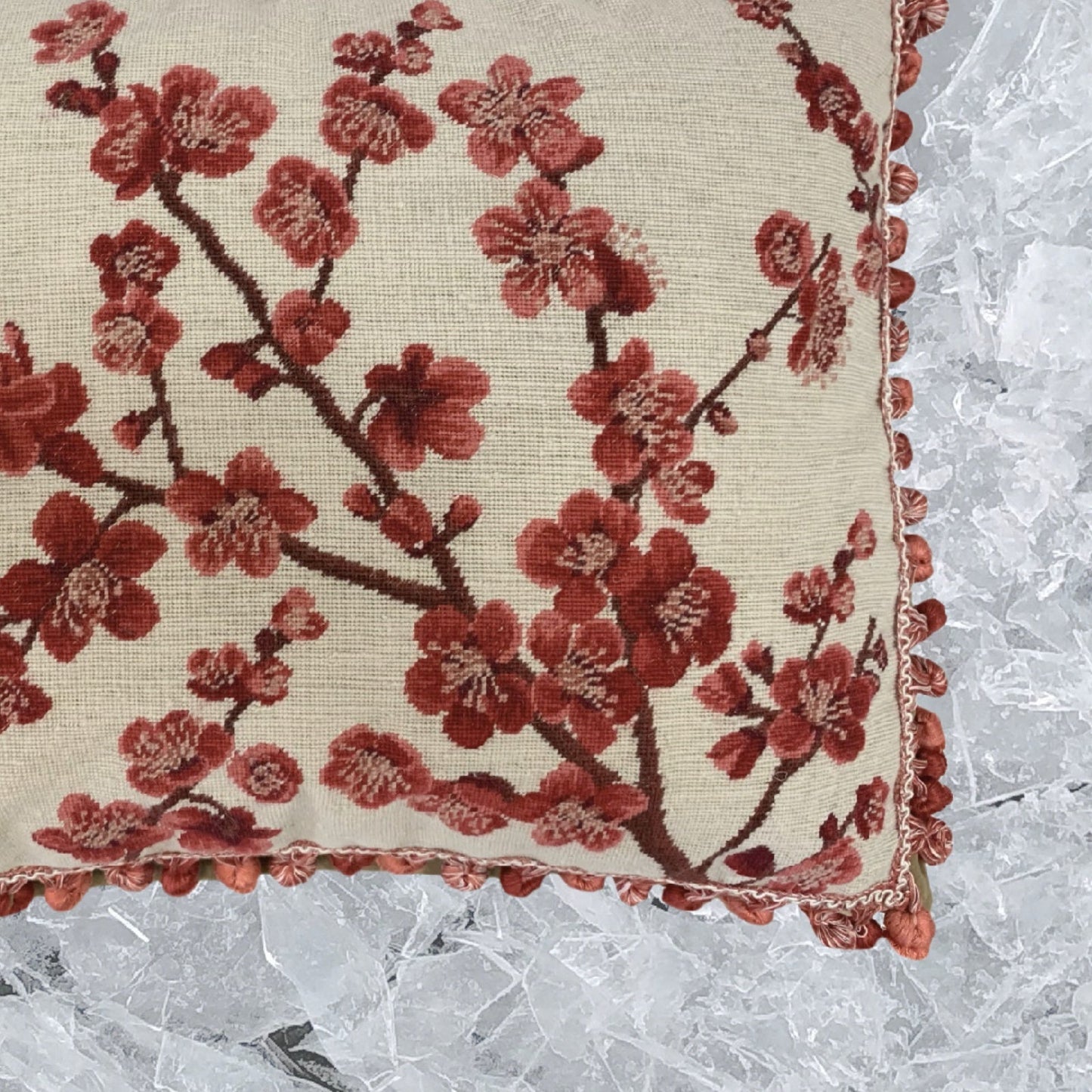 Handmade Wool Needlepoint Pillow Cover - Decorative Throw Cushion Cover - Vintage Floral Embroidery Design  red blooming plums with tassels