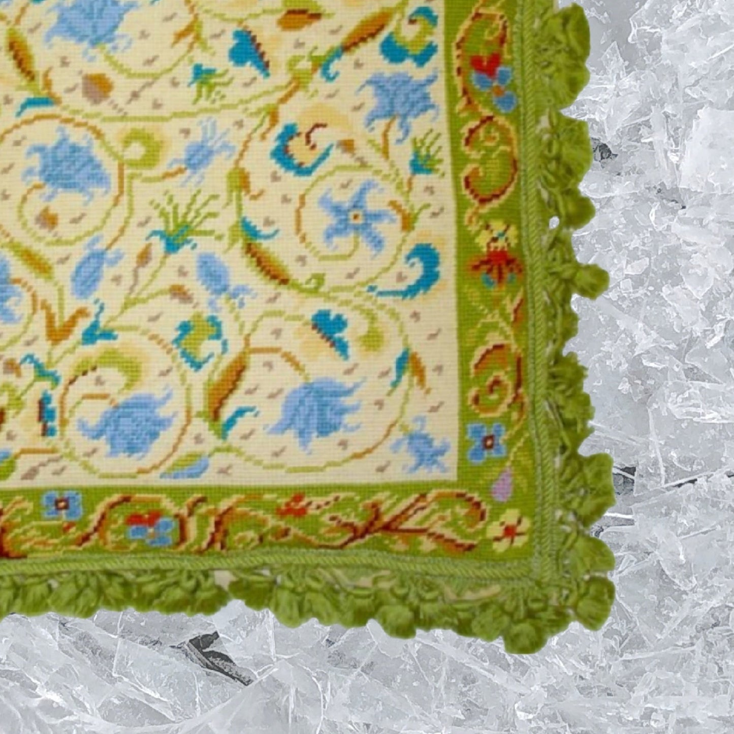 Handmade Wool Needlepoint Pillow Cover - Decorative Throw Cushion Cover - Vintage Floral Embroidery Design blue, green roses & Irish lime green frame & tassels