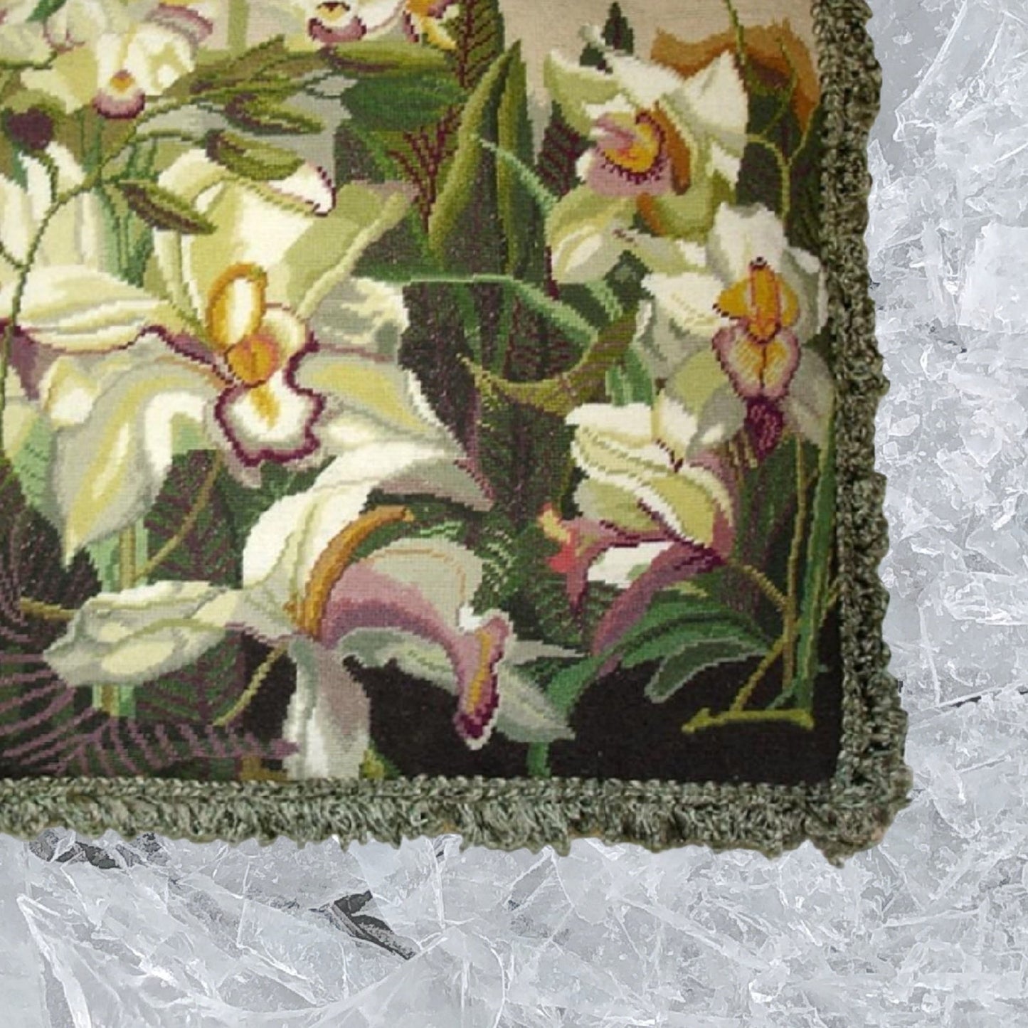 Handmade Wool Needlepoint Pillow Cover - Decorative Throw Cushion Cover - Vintage Floral Embroidery Design  Iris in shade of  ivory, pink purple, yellow green, with green tassels