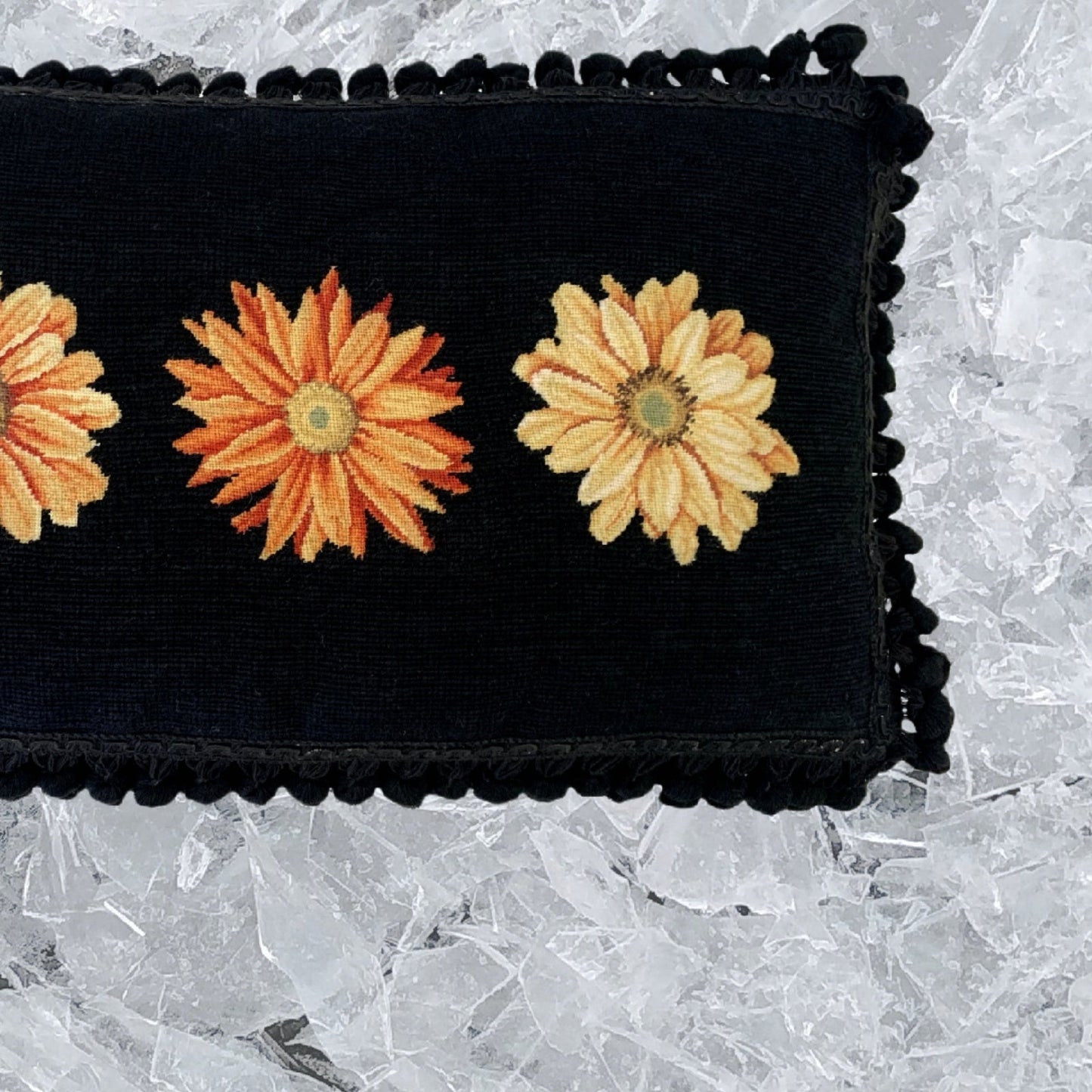 Handmade Wool Needlepoint Pillow Cover - Decorative Throw Cushion Cover - Vintage Floral Embroidery Design3 daisies black background back tassel