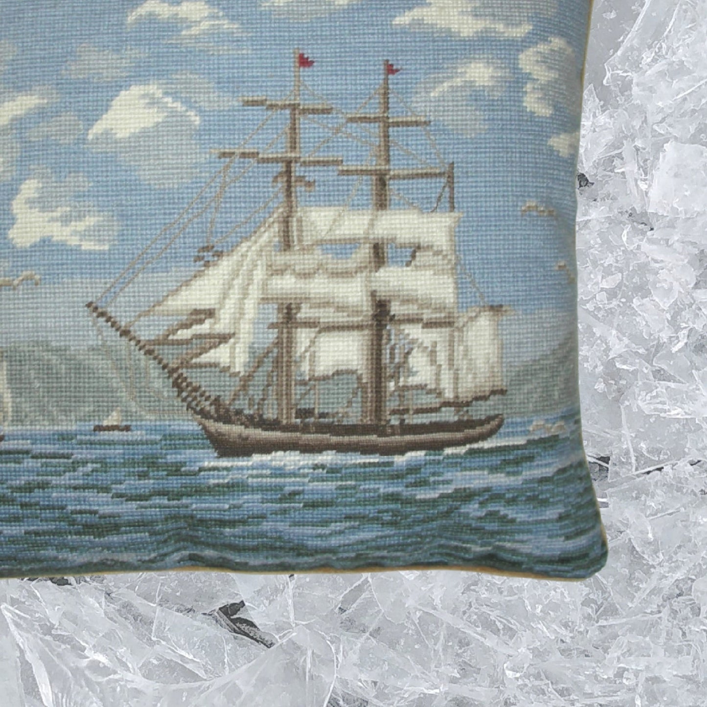 Handmade Wool Needlepoint Pillow Cover - Decorative Throw Cushion Cover - Vintage Floral Embroidery Design sail boat