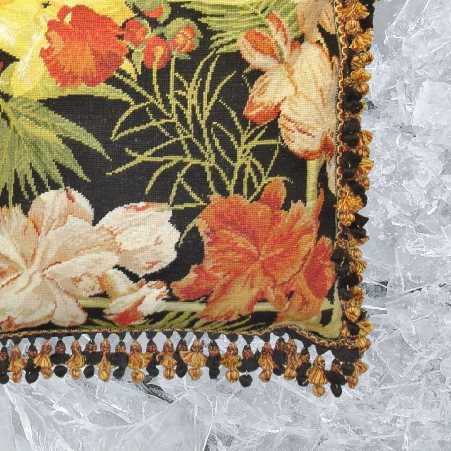 Handmade Wool Needlepoint Pillow Cover - Decorative Throw Cushion Cover - Vintage Floral Embroidery Design blackback banboo framed tropical flower in red, yellow, green with tassel