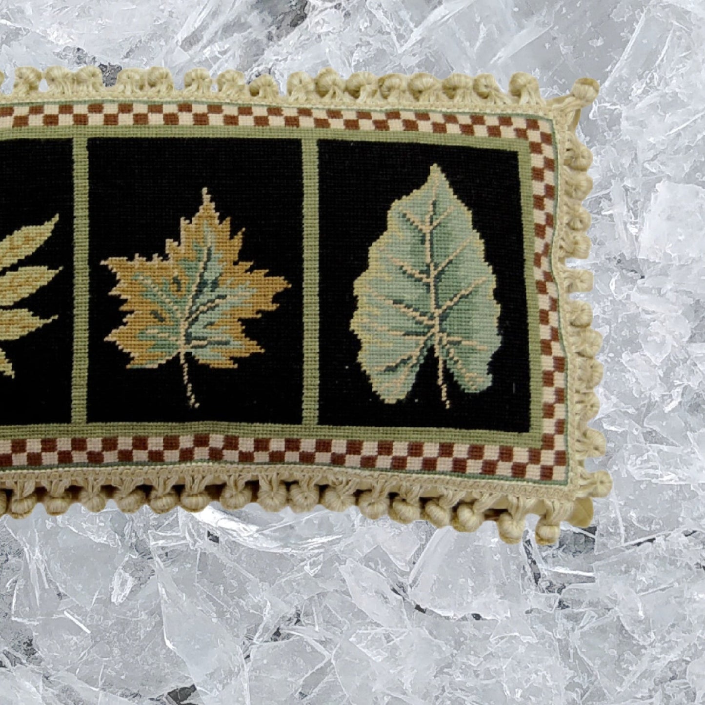 Handmade Wool Needlepoint Pillow Cover - Decorative Throw Cushion Cover - Vintage Floral Embroidery Design 3, S-L, leaves black background with tassels