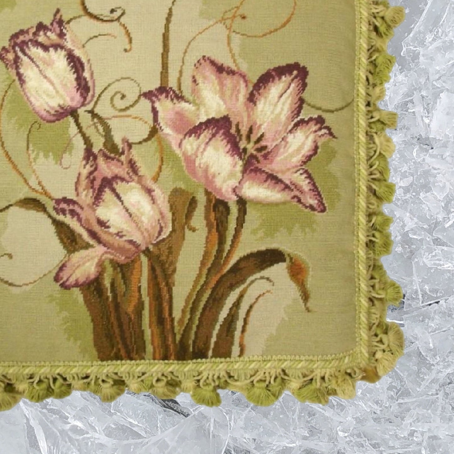 Handmade Wool Needlepoint Pillow Cover - Decorative Throw Cushion Cover - Vintage Floral Embroidery Design  Kathryn White designtulip trumeau with tassel