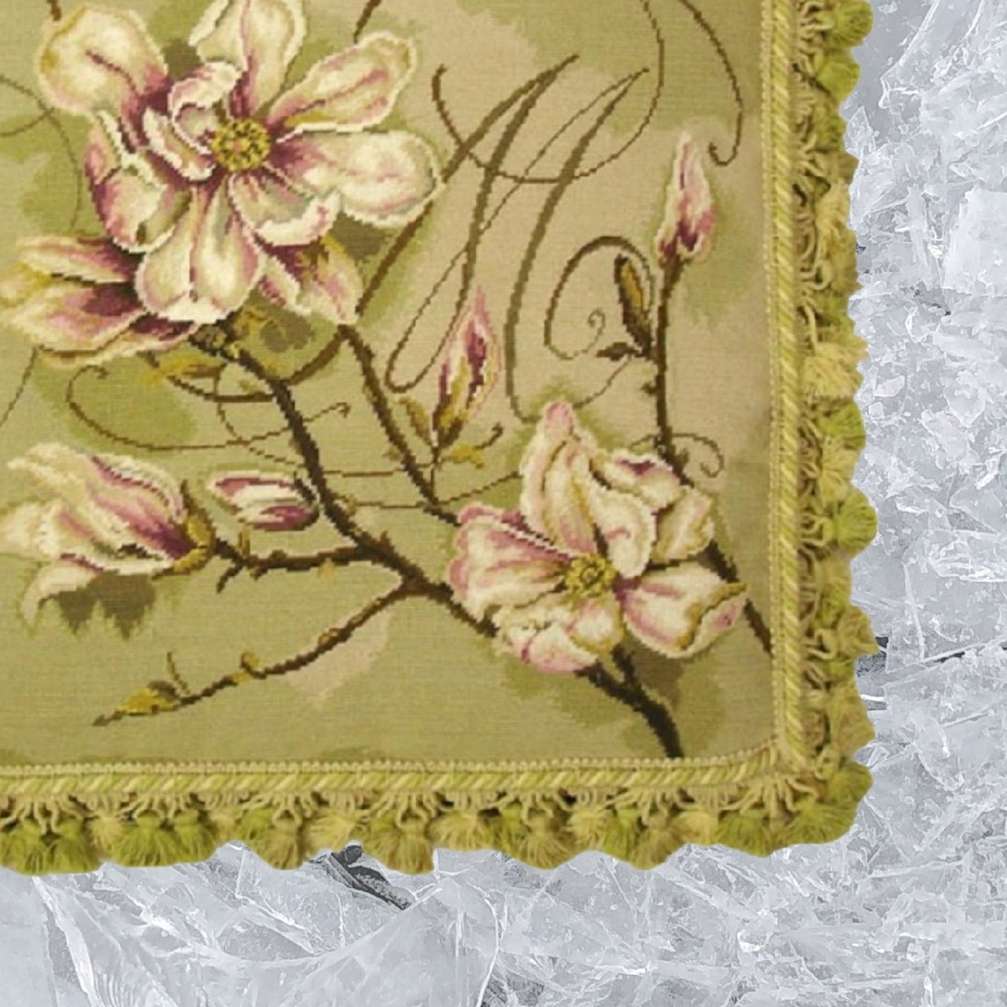 Handmade Wool Needlepoint Pillow Cover - Decorative Throw Cushion Cover - Vintage Floral Embroidery Design  Kathryn White designMagnolia Trumeau with tassel