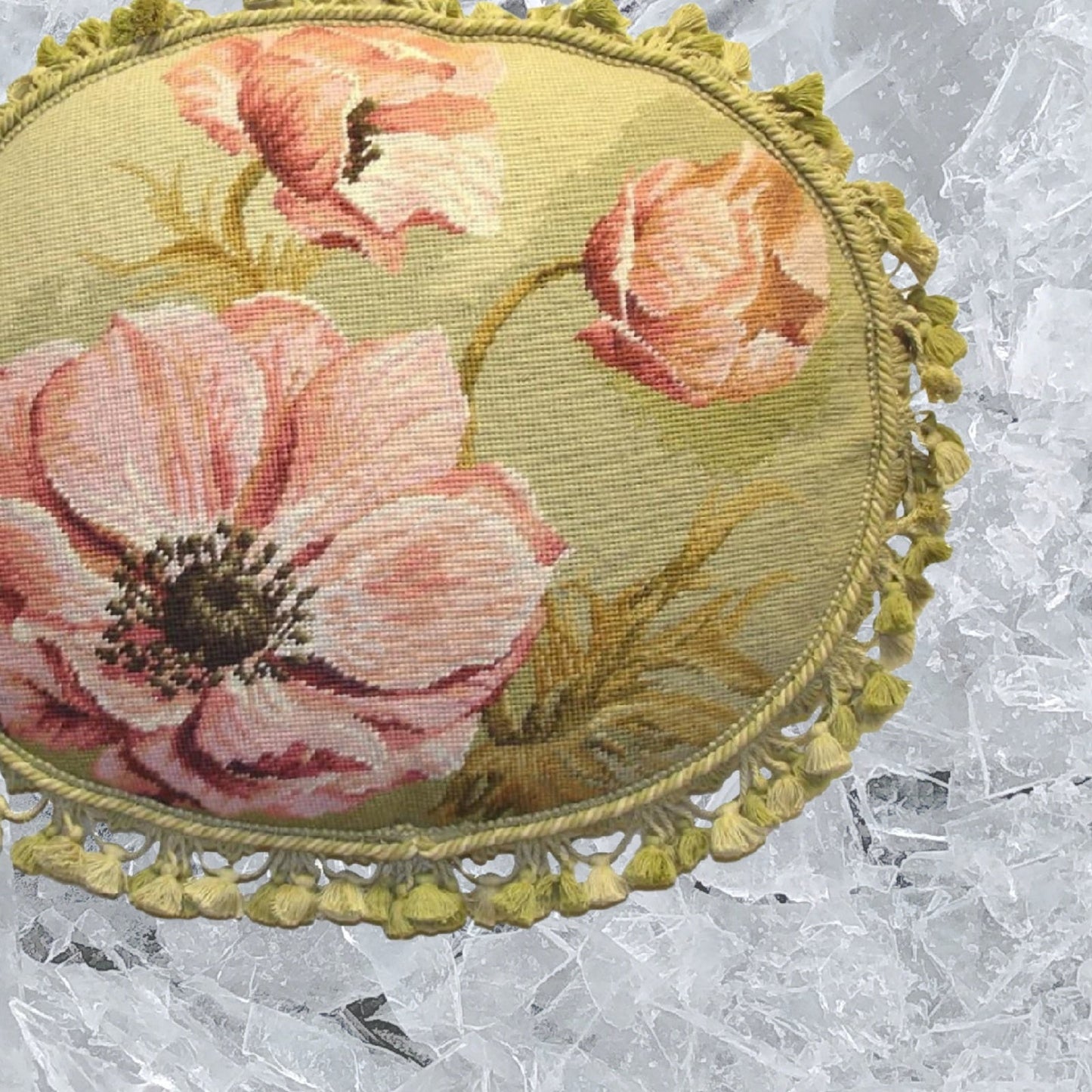 Handmade Wool Needlepoint Pillow Cover - Decorative Throw Cushion Cover - Vintage Floral Embroidery Design Kathryn White designPink Magnolia with 3 color tassels