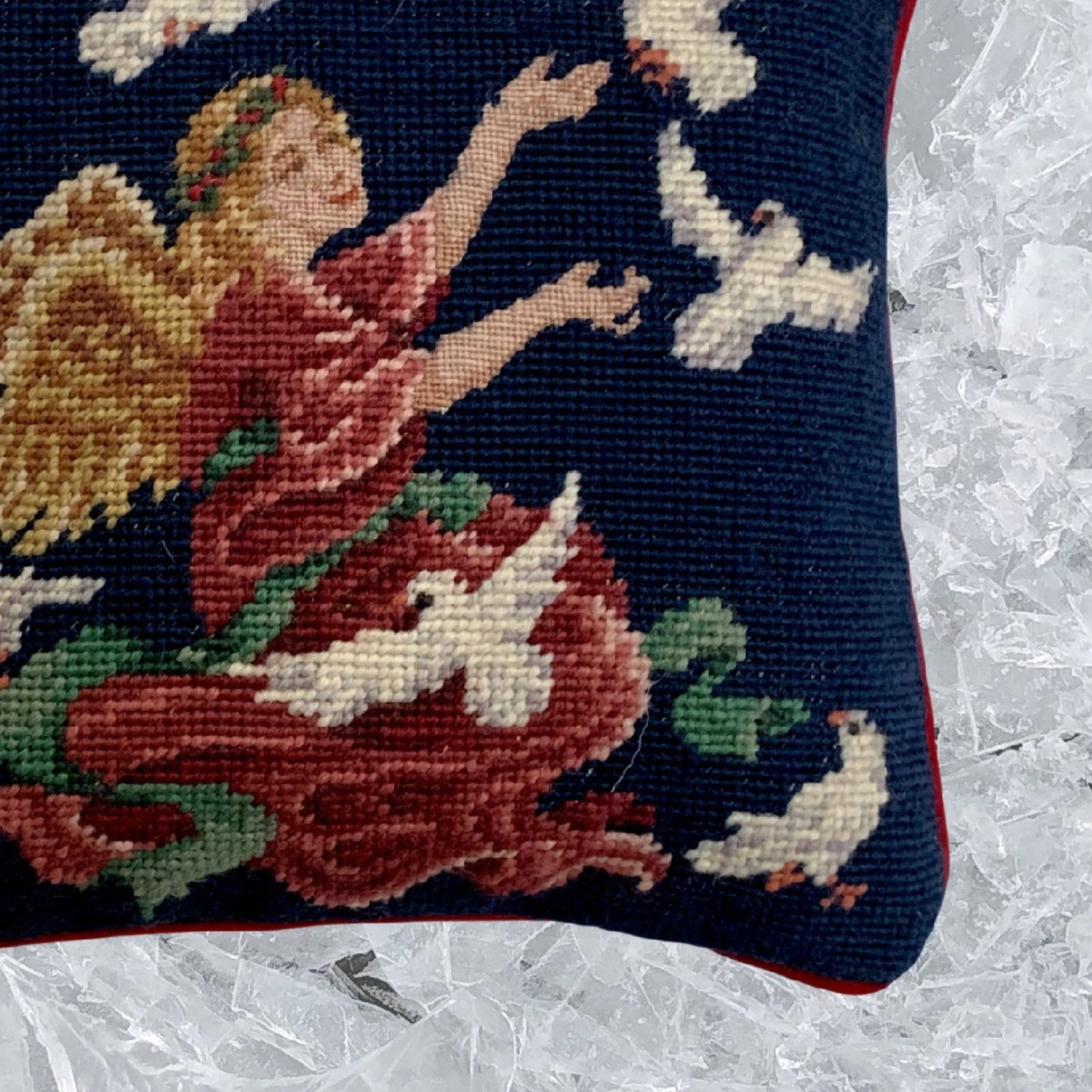 Handmade Wool Needlepoint Pillow Cover - Decorative Throw Cushion Cover - Vintage Floral Embroidery Design Finest Petipoint Angle