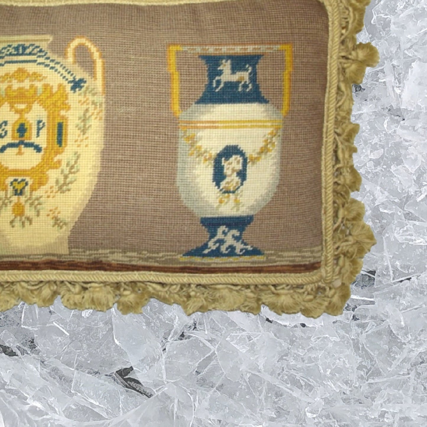 Handmade Wool Needlepoint Pillow Cover - Decorative Throw Cushion Cover - Vintage Floral Embroidery Design  French antique Napoleon Bonaparte vases with tassels