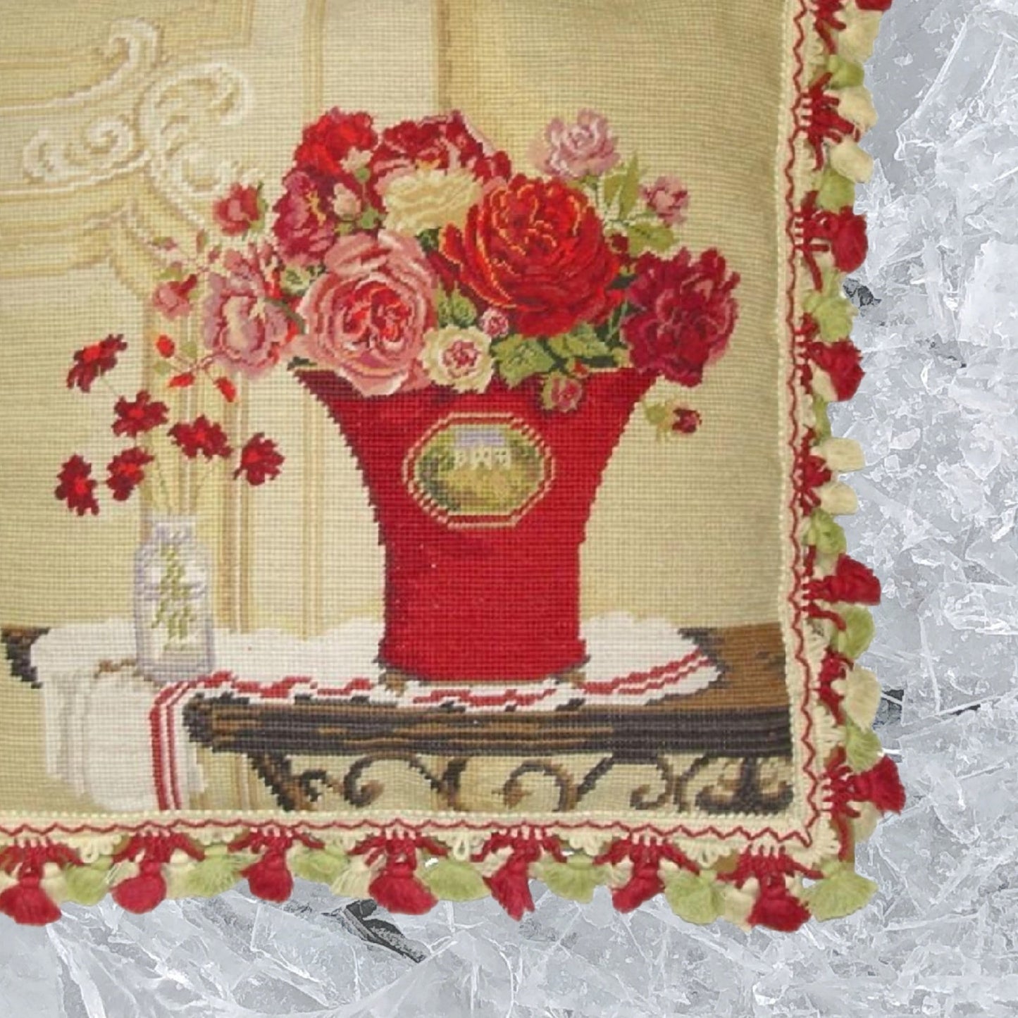 Handmade Wool Needlepoint Pillow Cover - Decorative Throw Cushion Cover - Vintage Floral Embroidery Design  Kathryn White Design b