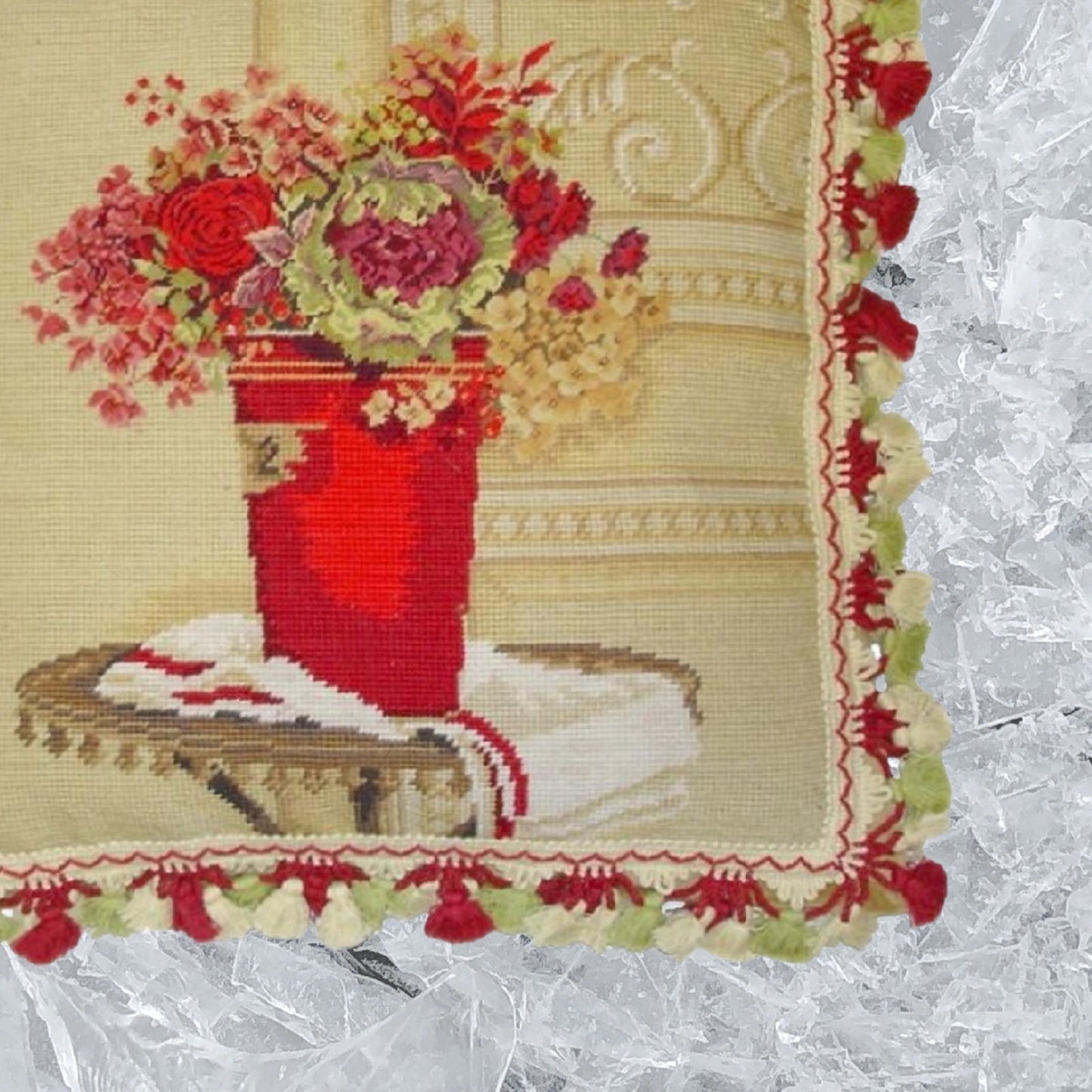 Handmade Wool Needlepoint Pillow Cover - Decorative Throw Cushion Cover - Vintage Floral Embroidery Design  Kathryn White Design c