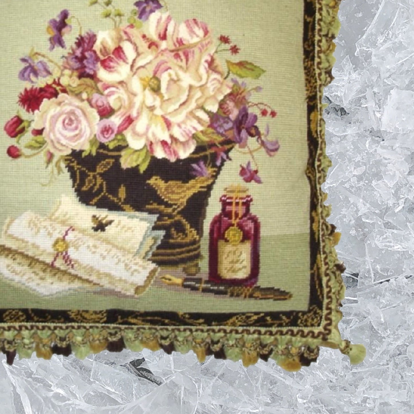 Handmade Wool Needlepoint Pillow Cover - Decorative Throw Cushion Cover - Vintage Floral Embroidery Design  Kathryn White Design g