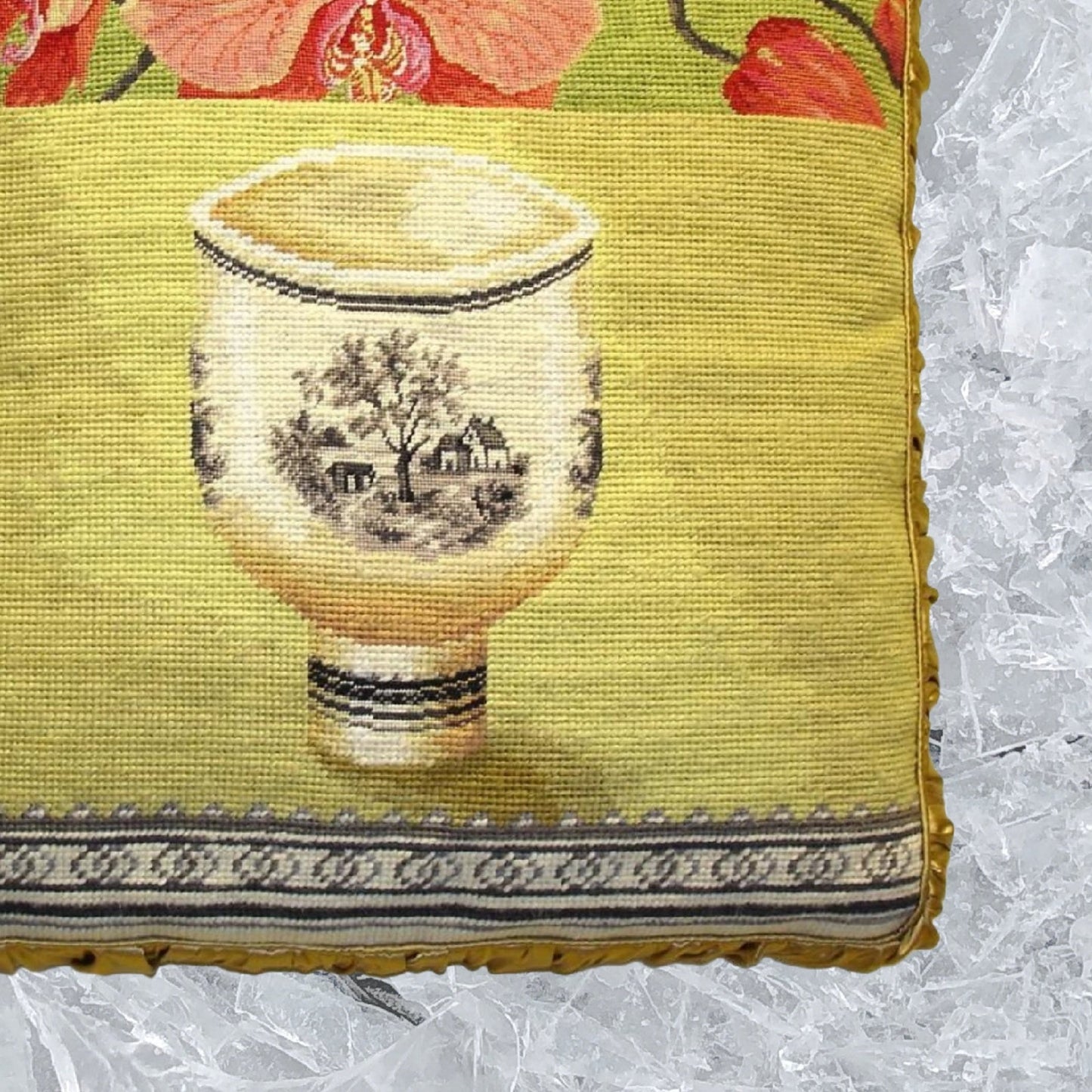 Handmade Wool Needlepoint Pillow Cover - Decorative Throw Cushion Cover - Vintage Floral Embroidery Design  Kathryn White Design L