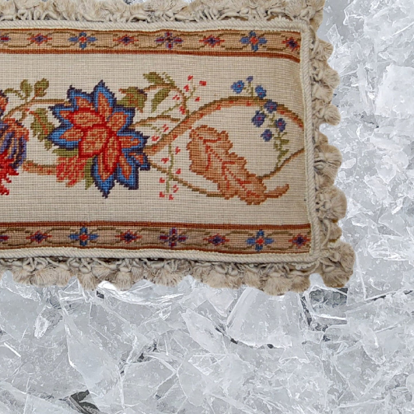 Handmade Wool Needlepoint Pillow Cover - Decorative Throw Cushion Cover - Vintage Floral Embroidery Design ginger flowers with nature tassels