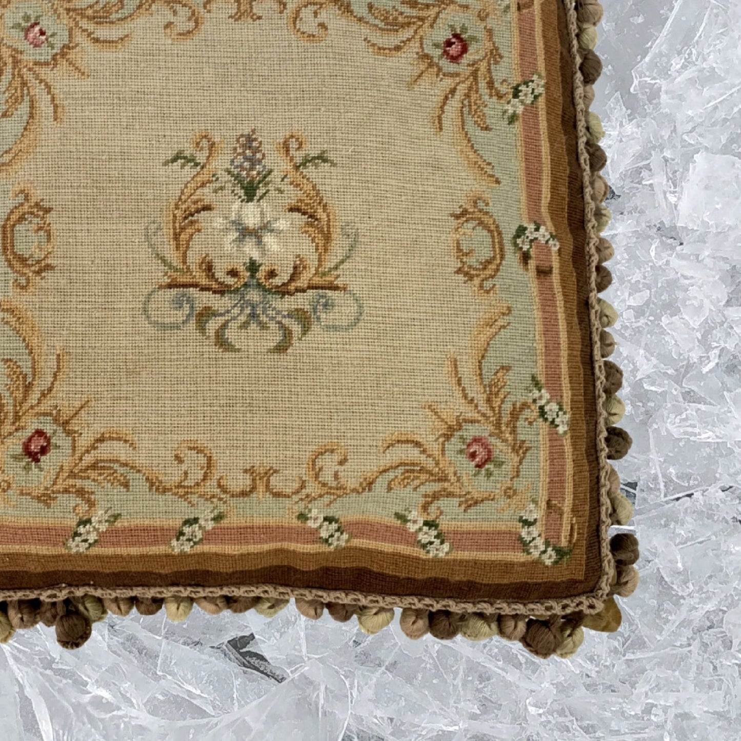 Handmade Wool Needlepoint Pillow Cover - Decorative Throw Cushion Cover - Vintage Floral Embroidery Design  yellow harp floral with 3 color tassel