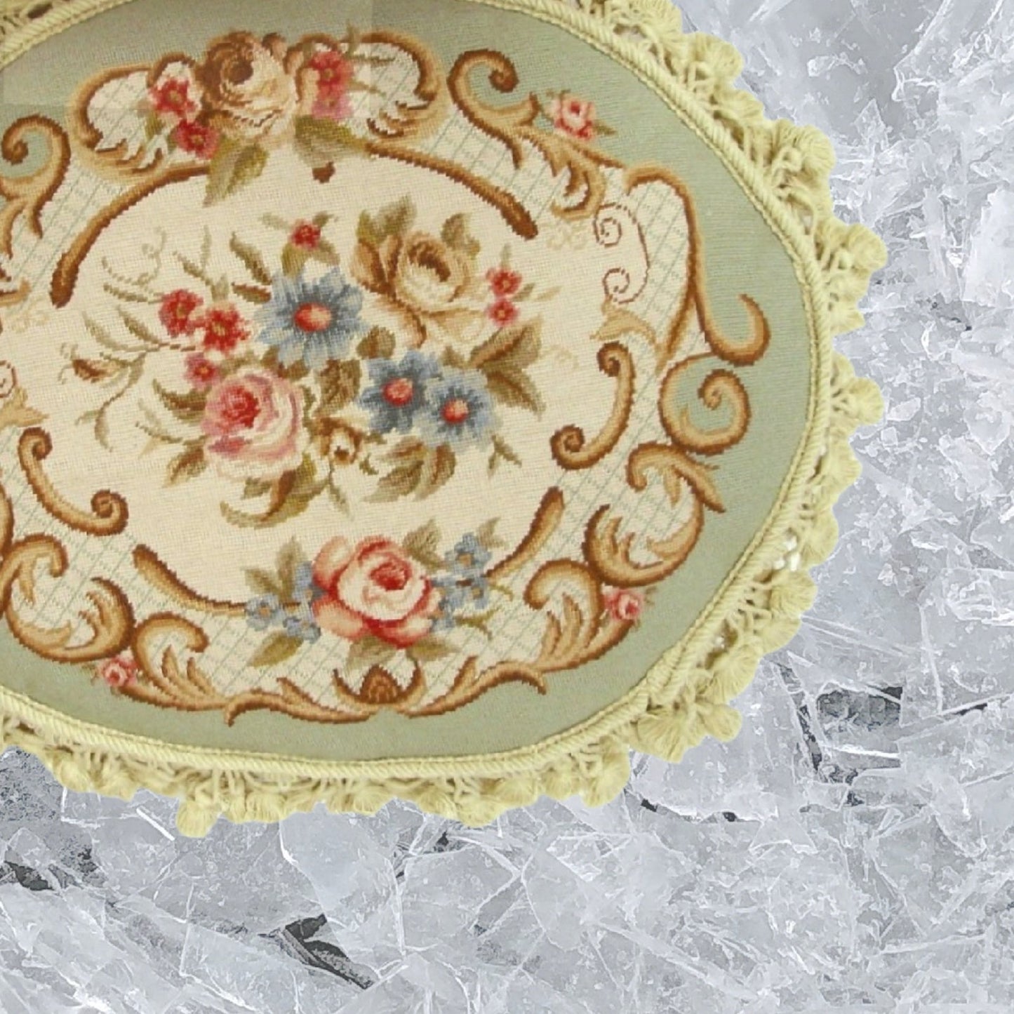 Handmade Wool Needlepoint Pillow Cover - Decorative Throw Cushion Cover - Vintage Floral Embroidery Design  oval pillow central flower light green frame nature tassels