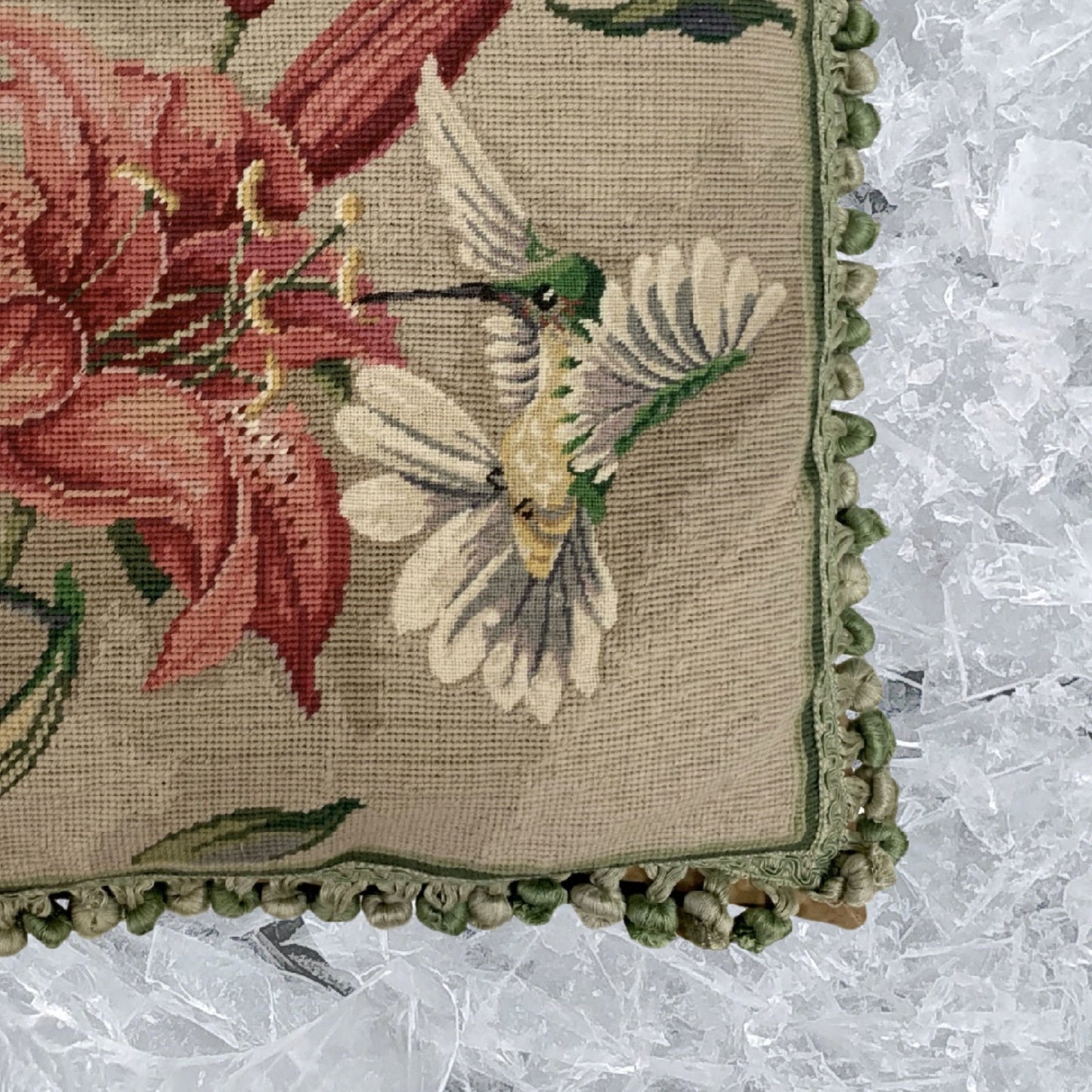 Handmade Wool Needlepoint Pillow Cover - Decorative Throw Cushion Cover - Vintage Floral Embroidery Designhumming bird at side of pink lily with 2 color tassel