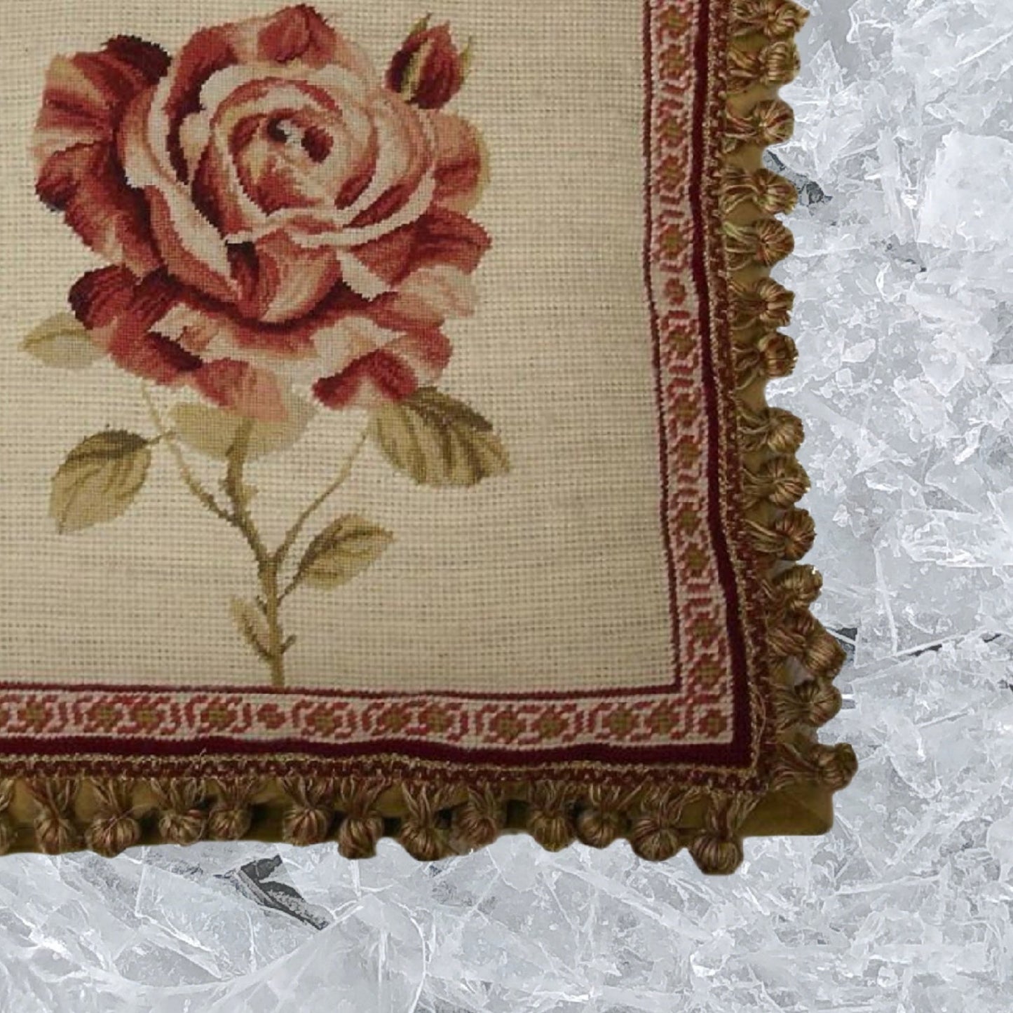 Handmade Wool Needlepoint Pillow Cover - Decorative Throw Cushion Cover - Vintage Floral Embroidery Design redRose Lauren Hamlton design with 2 color tassel