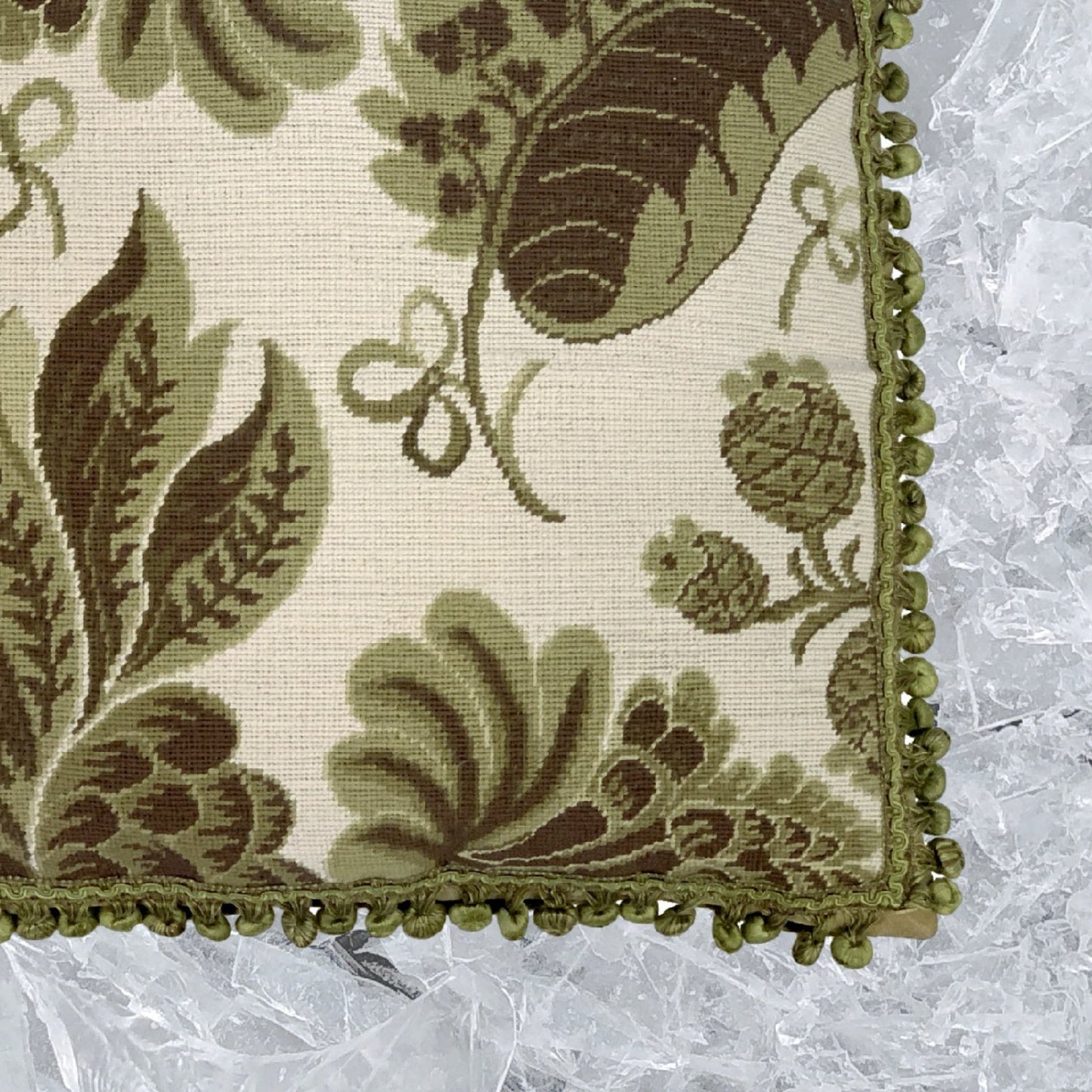 Handmade Wool Needlepoint Pillow Cover - Decorative Throw Cushion Cover - Vintage Floral Embroidery Design olive-brown  tropical leaves with tassels