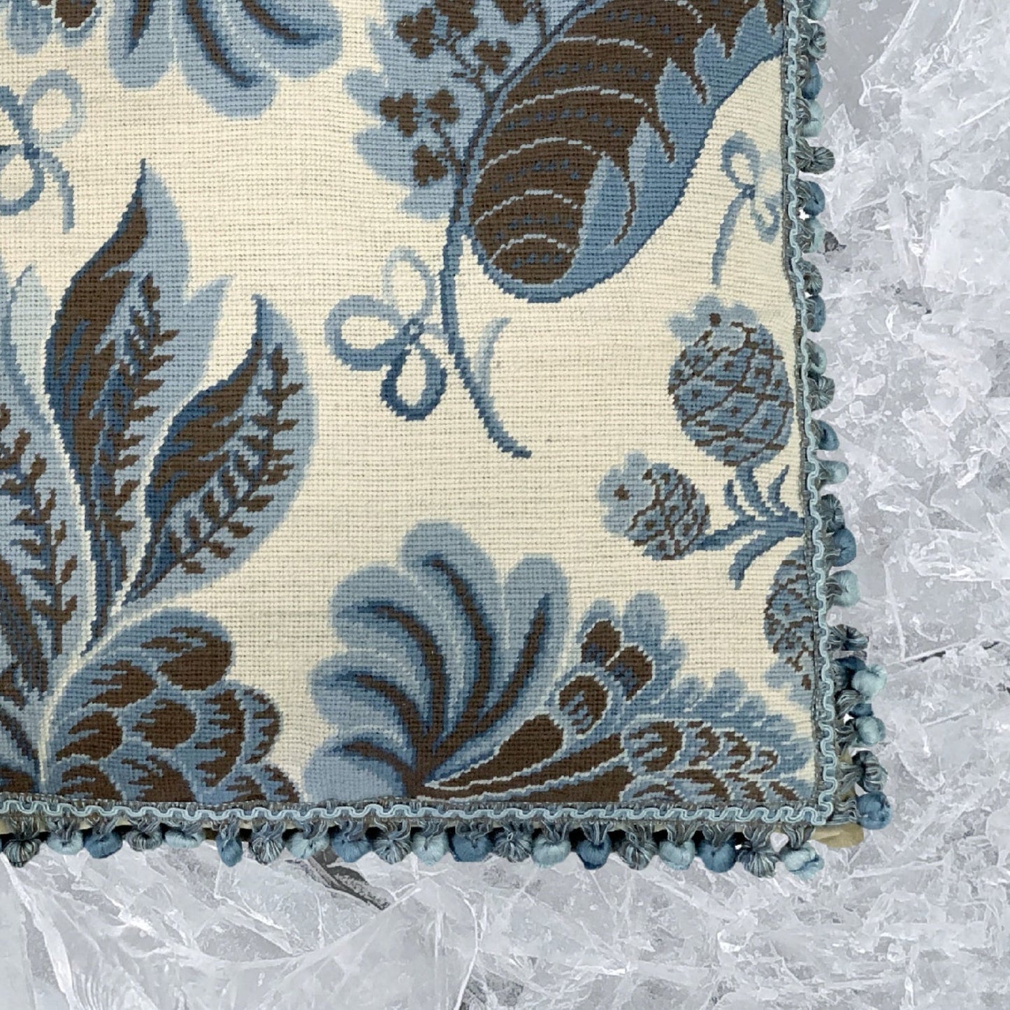 Handmade Wool Needlepoint Pillow Cover - Decorative Throw Cushion Cover - Vintage Floral Embroidery Design blue tropical leaves ivory background with tassels II
