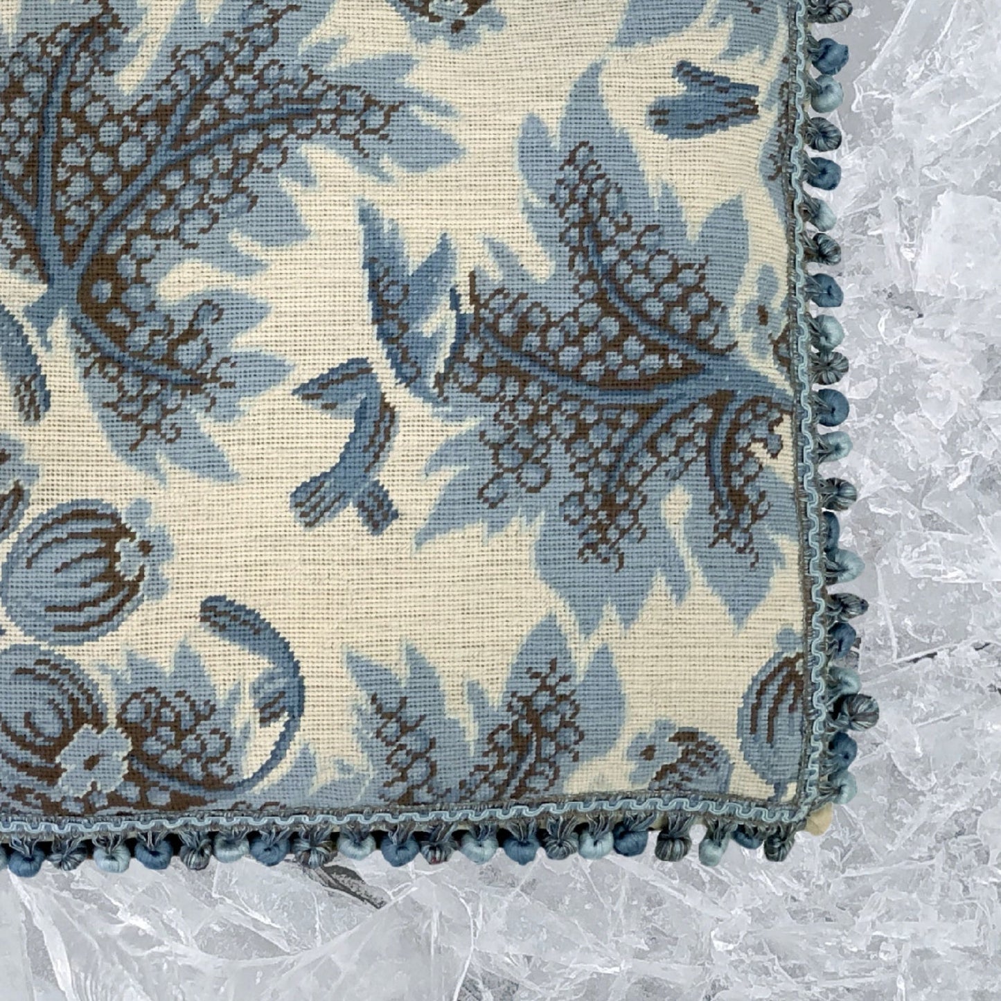 Handmade Wool Needlepoint Pillow Cover - Decorative Throw Cushion Cover - Vintage Floral Embroidery Design blue grapes leaves ivory background with tassels