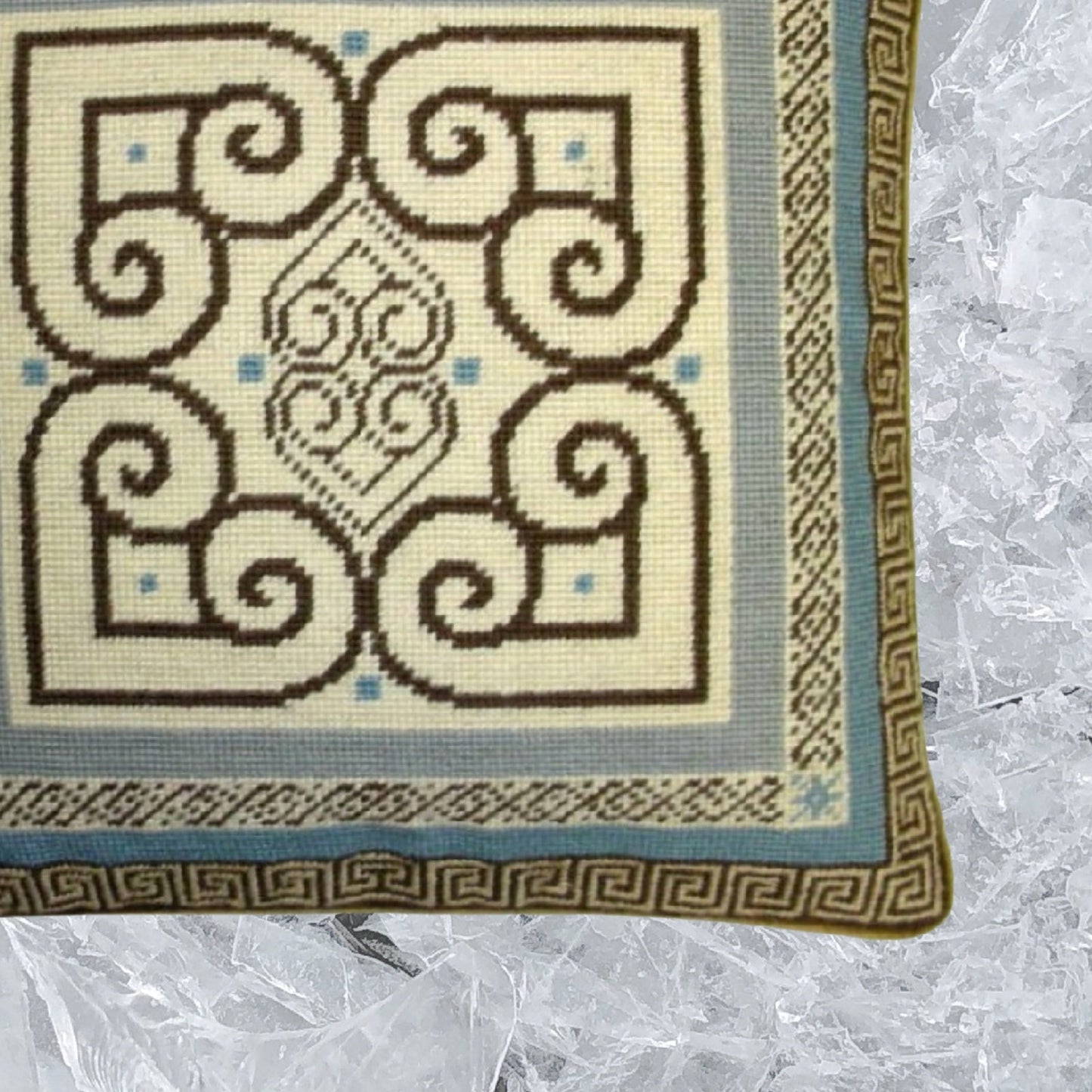 Handmade Wool Needlepoint Pillow Cover - Decorative Throw Cushion Cover - Vintage Floral Embroidery Design blue/brown heartscroll design