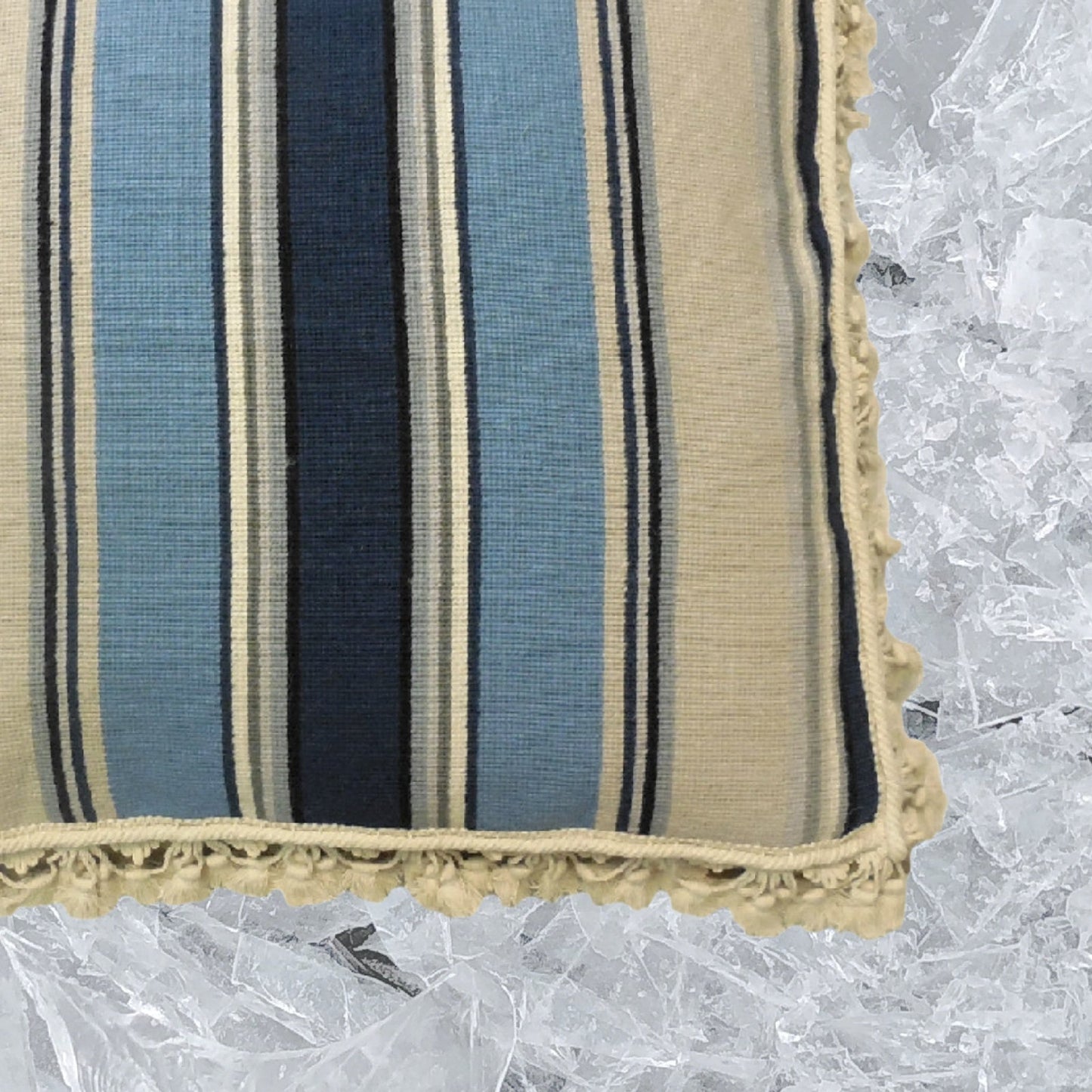 Handmade Wool Needlepoint Pillow Cover - Decorative Throw Cushion Cover - Vintage Floral Embroidery Design square in blue/navy/ivory/sand with tassels