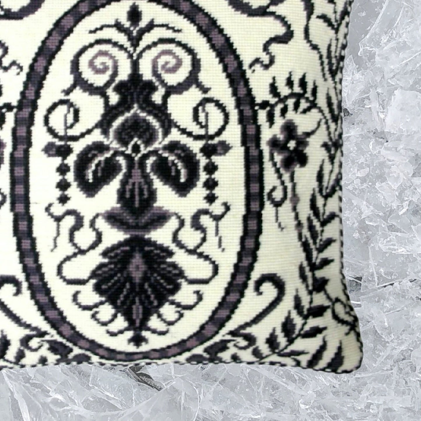 Handmade Wool Needlepoint Pillow Cover - Decorative Throw Cushion Cover - Vintage Floral Embroidery Design b/w floral in circle design with 2 color cording