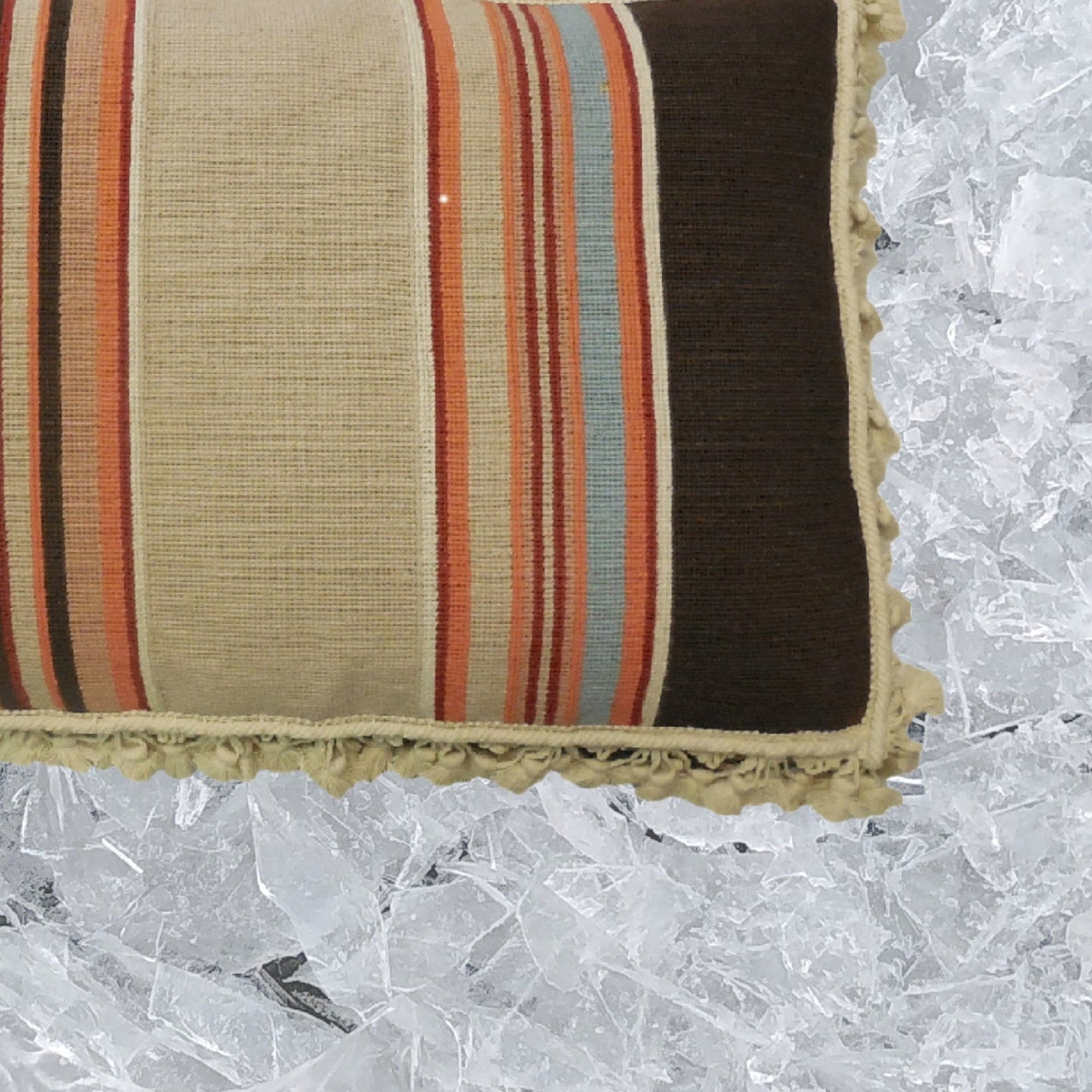 Handmade Wool Needlepoint Pillow Cover - Decorative Throw Cushion Cover - Vintage Floral Embroidery Design strips in red, blue, brown, sand, orange with tassels