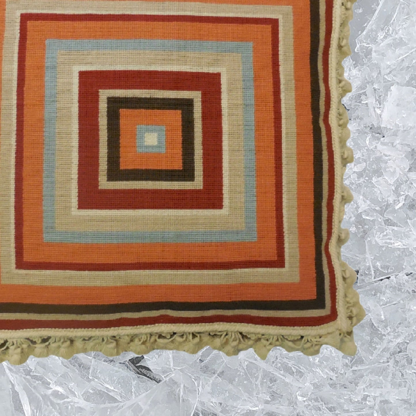 Handmade Wool Needlepoint Pillow Cover - Decorative Throw Cushion Cover - Vintage Floral Embroidery Design square in red, brown, blue, sand, salmon with tassels