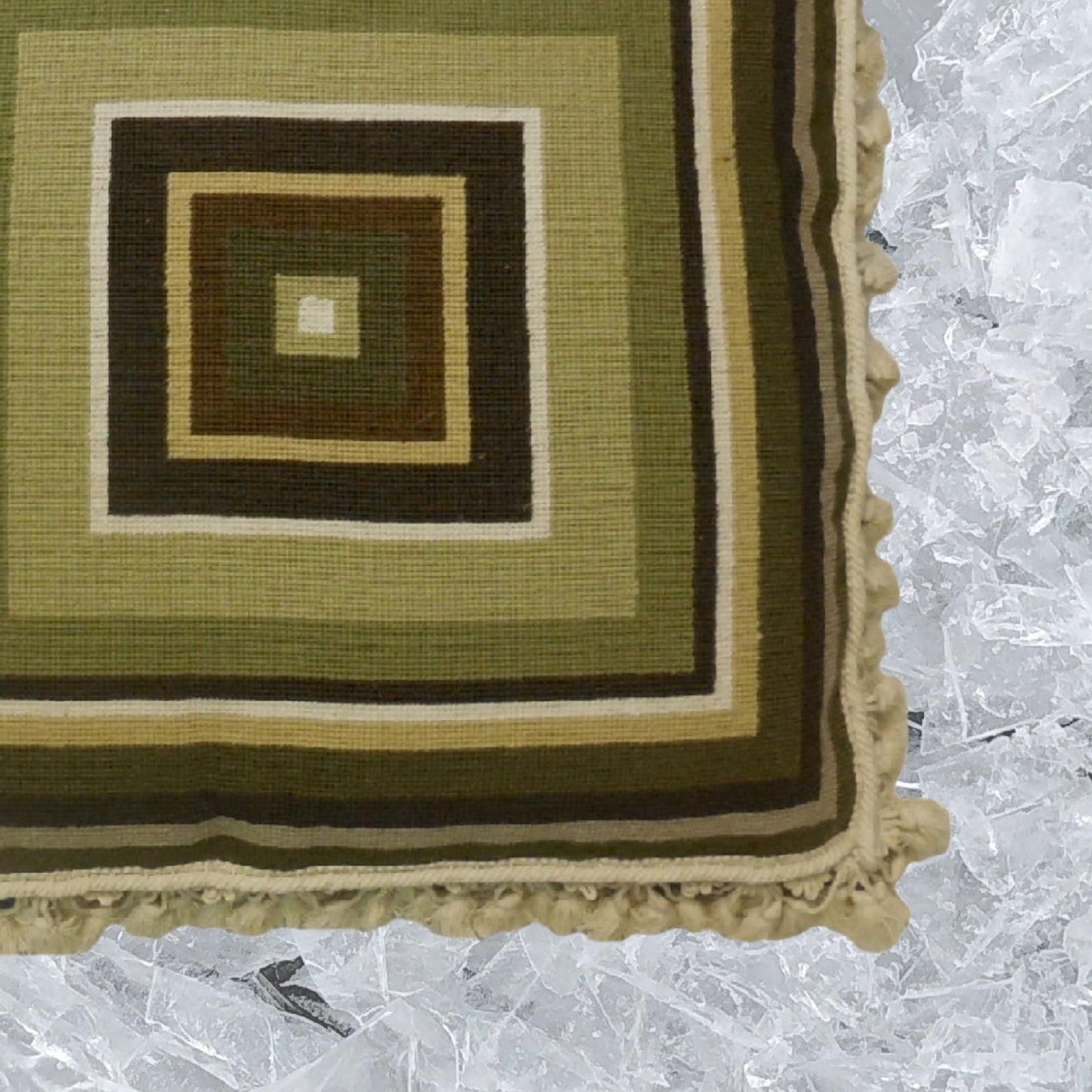 Handmade Wool Needlepoint Pillow Cover - Decorative Throw Cushion Cover - Vintage Floral Embroidery Design square in green/brown/ivory/yellow with tassels