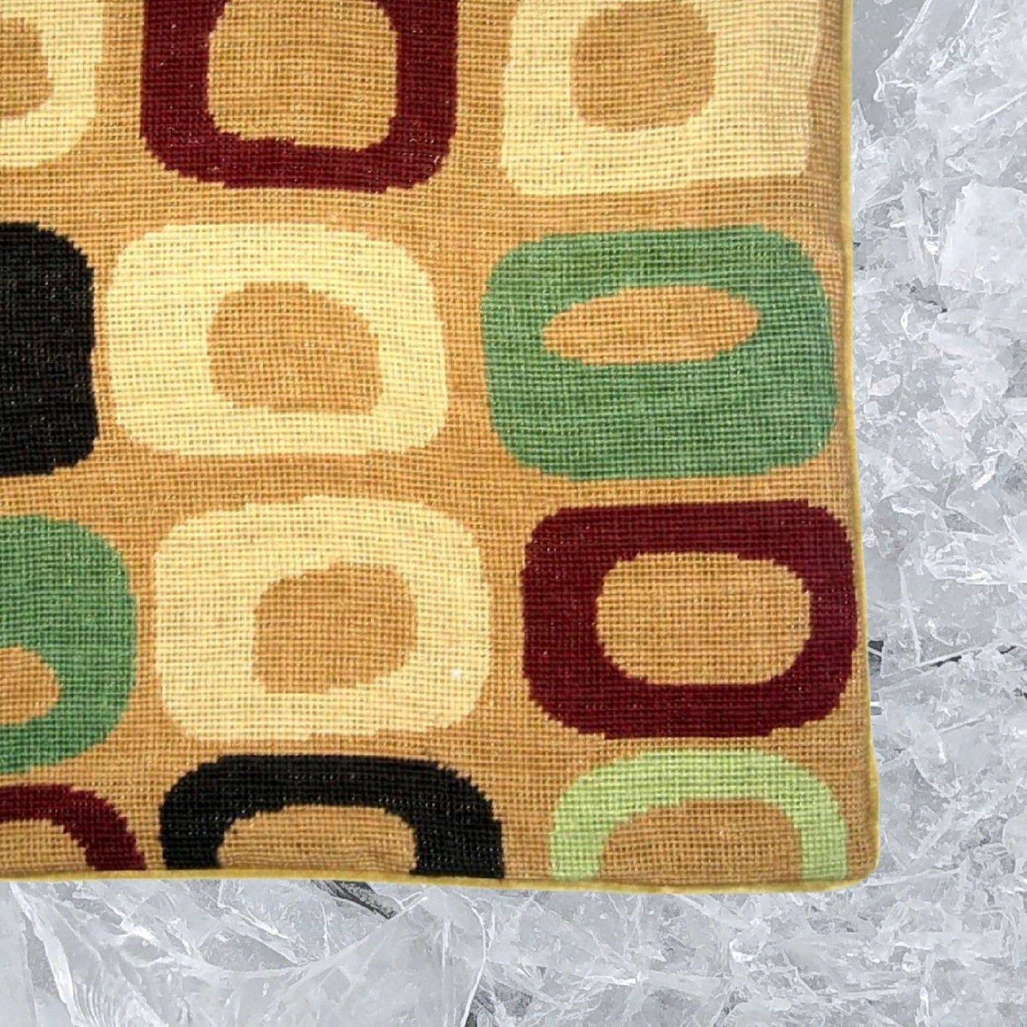 Handmade Wool Needlepoint Pillow Cover - Decorative Throw Cushion Cover - Vintage Floral Embroidery Design little square in red, green, sand on gold background