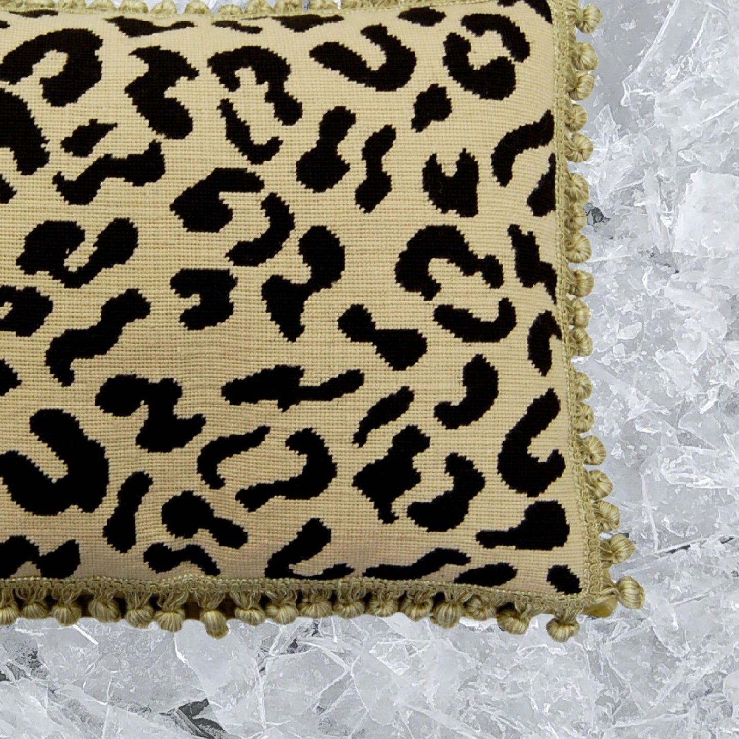 Handmade Wool Needlepoint Pillow Cover - Decorative Throw Cushion Cover - Vintage Floral Embroidery Design black leopard print nature background with tassels