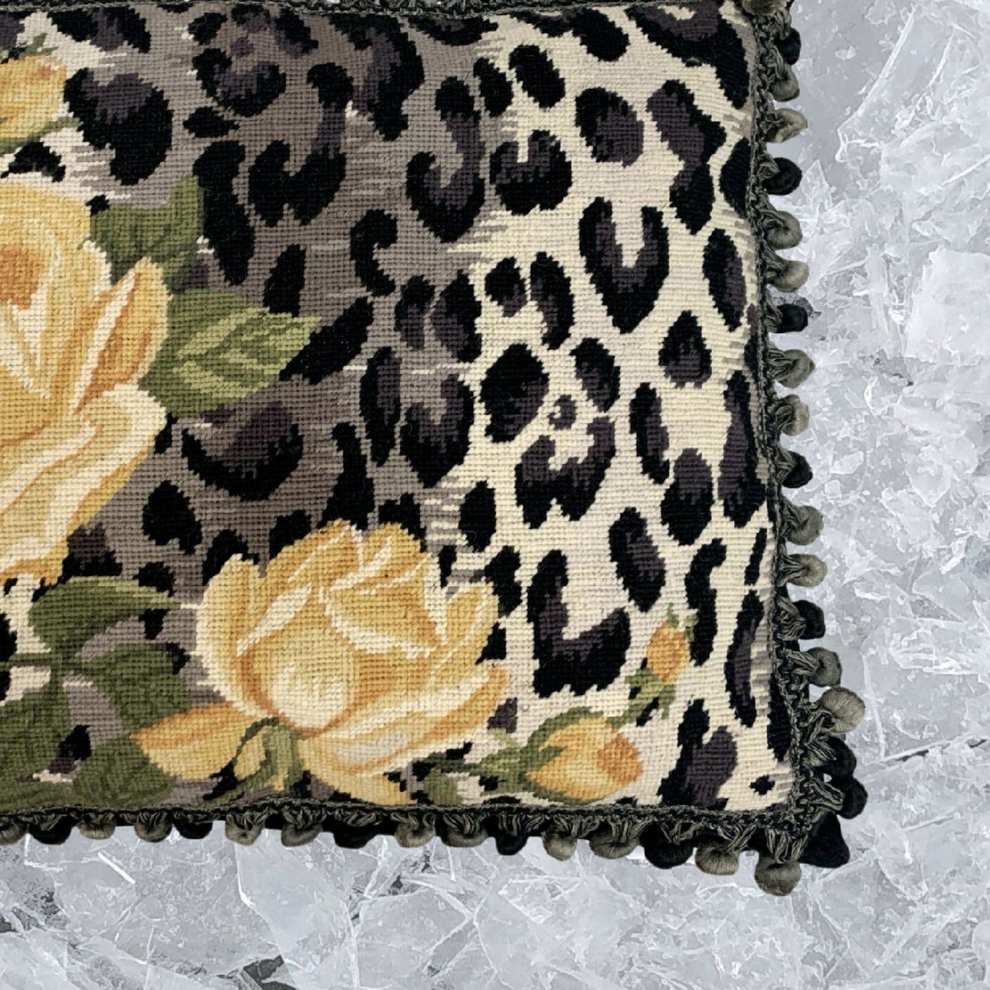 Handmade Wool Needlepoint Pillow Cover - Decorative Throw Cushion Cover - Vintage Floral Embroidery Design B/W leopard print yellow rose with 3 color tassel
