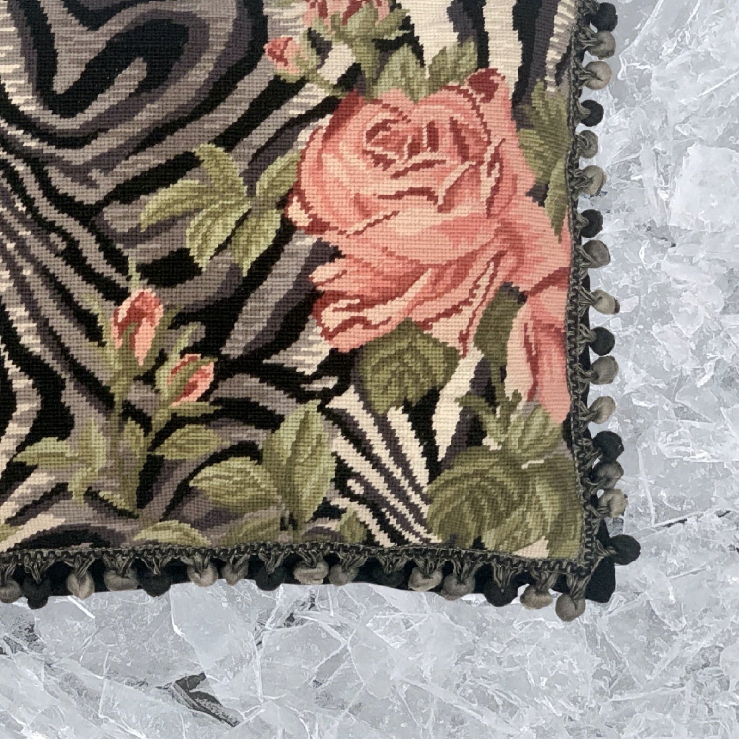 Handmade Wool Needlepoint Pillow Cover - Decorative Throw Cushion Cover - Vintage Floral Embroidery Design B/W zabera print pink rose with 3 color tassel