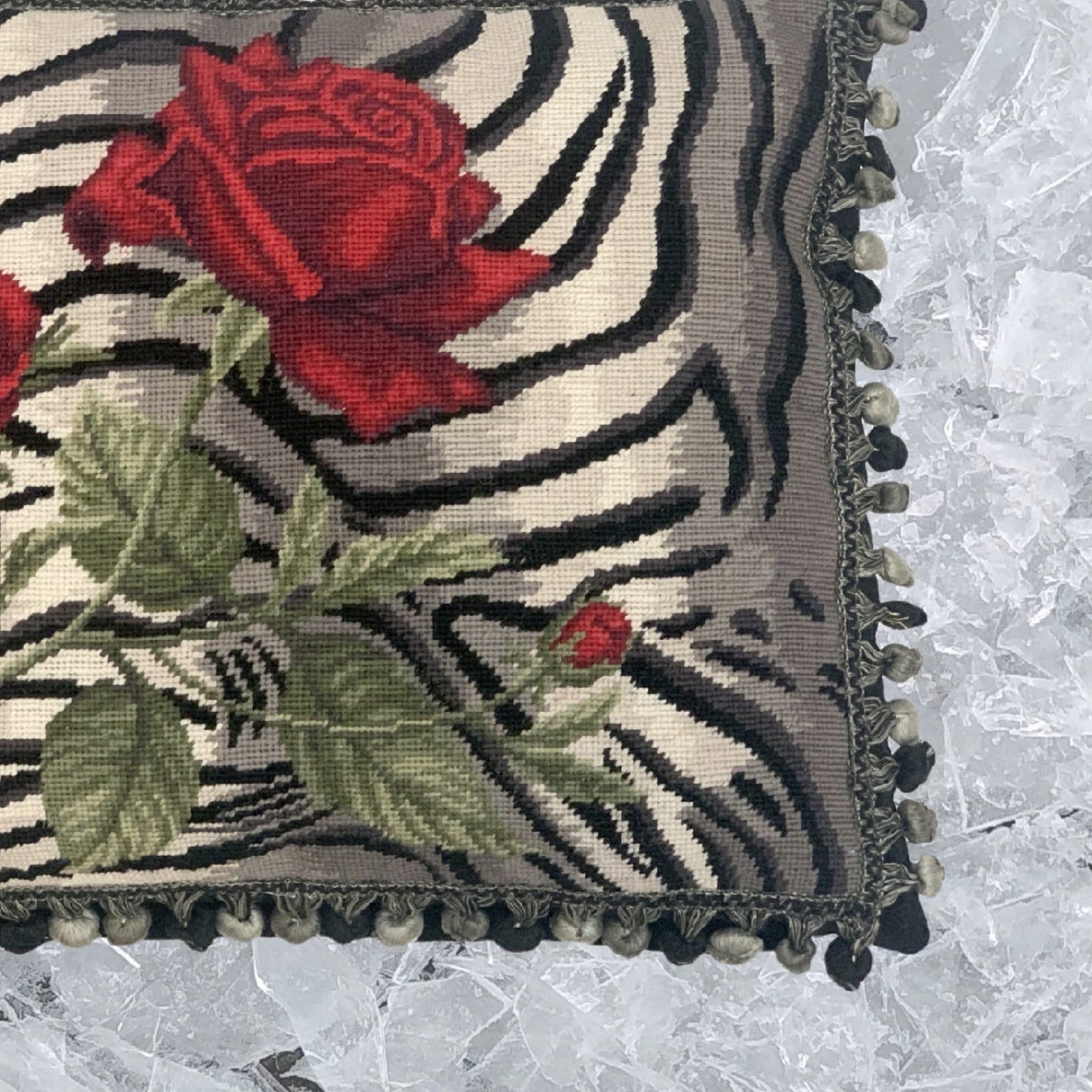 Handmade Wool Needlepoint Pillow Cover - Decorative Throw Cushion Cover - Vintage Floral Embroidery Design B/W tiger print red rose with 3 color tassel