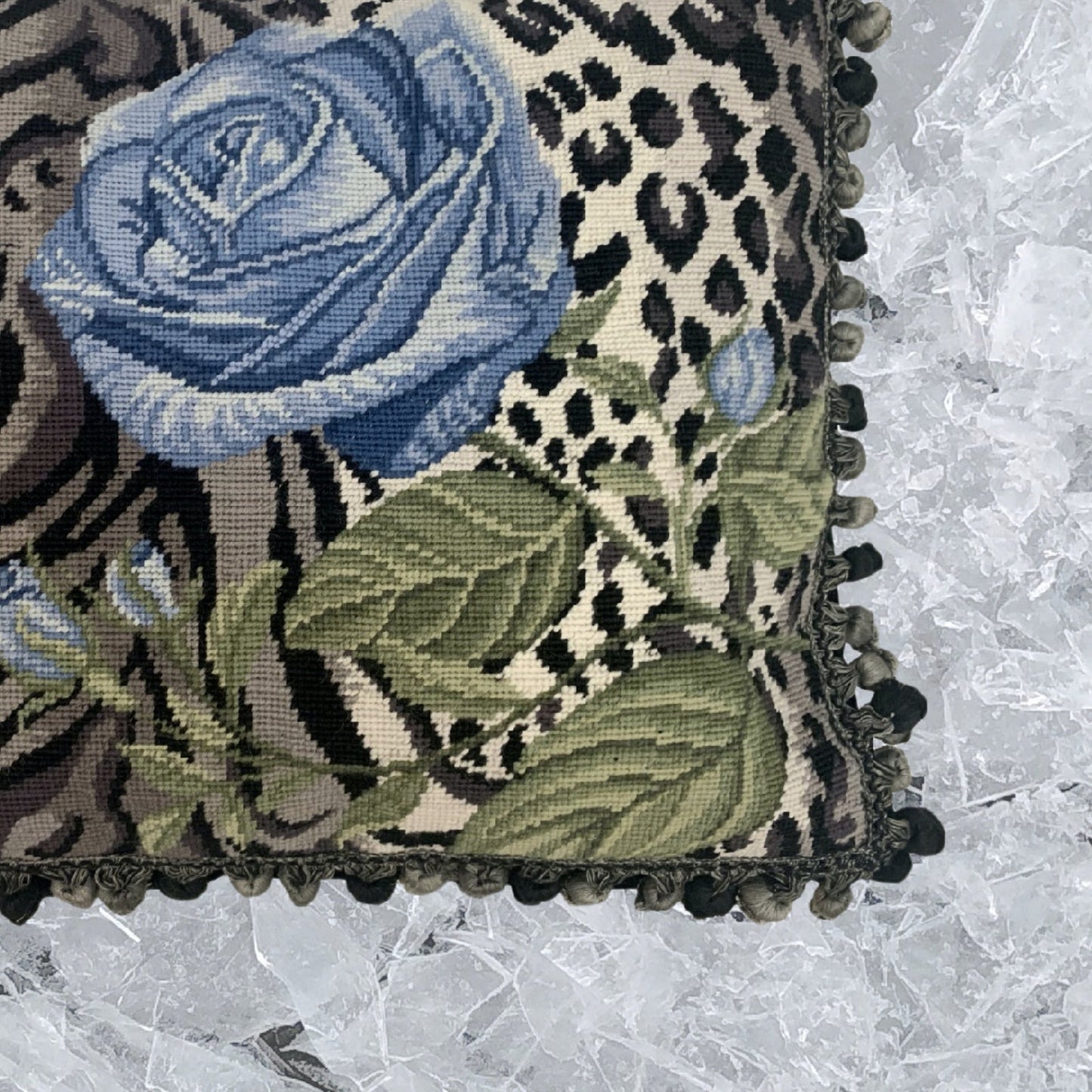Handmade Wool Needlepoint Pillow Cover - Decorative Throw Cushion Cover - Vintage Floral Embroidery Design B/W leopard print blue rose with 3 color tassel