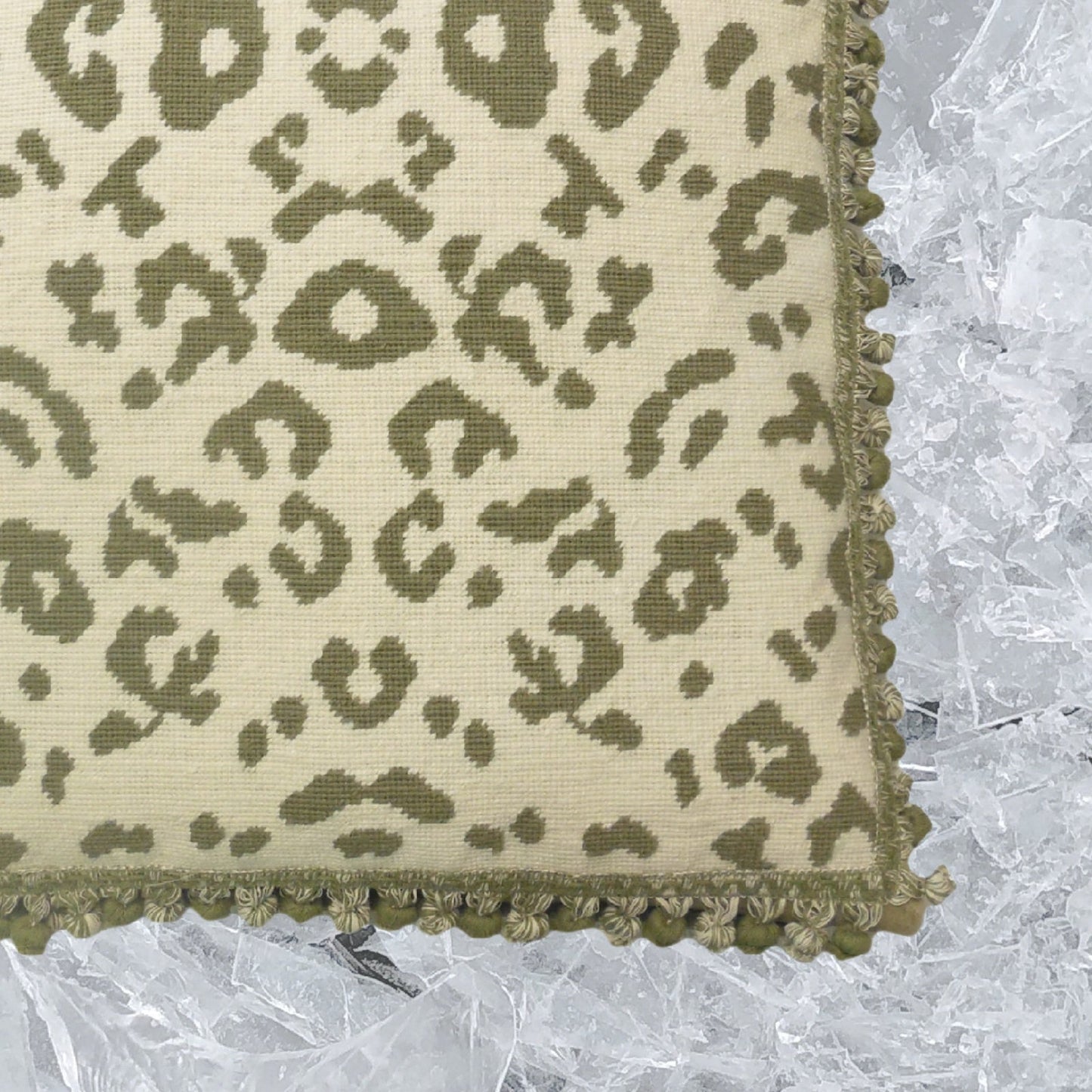 Handmade Wool Needlepoint Pillow Cover - Decorative Throw Cushion Cover - Vintage Floral Embroidery Design celery green animal print with tassels