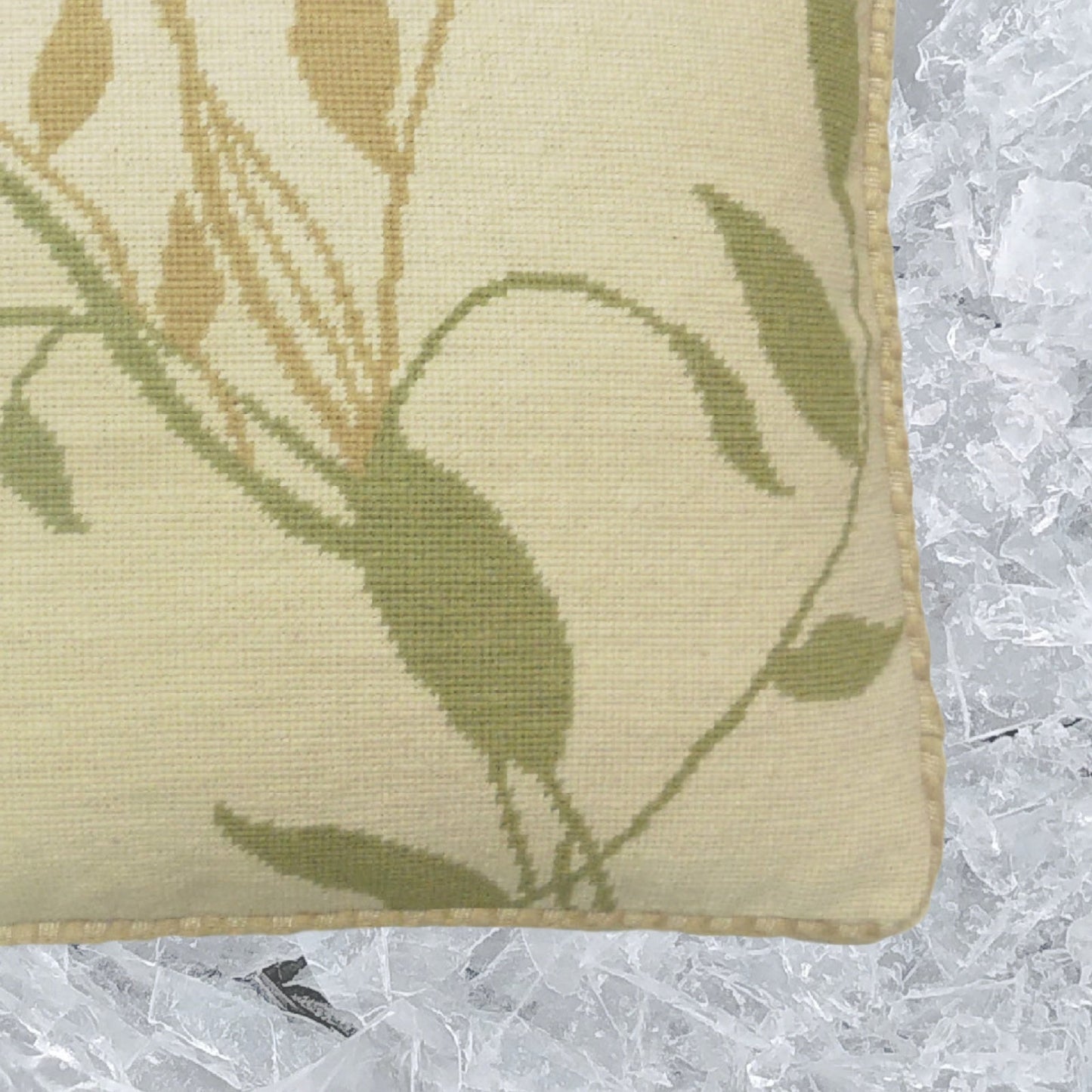 Handmade Wool Needlepoint Pillow Cover - Decorative Throw Cushion Cover - Vintage Floral Embroidery Design green/yellow leaves off-white background with cording