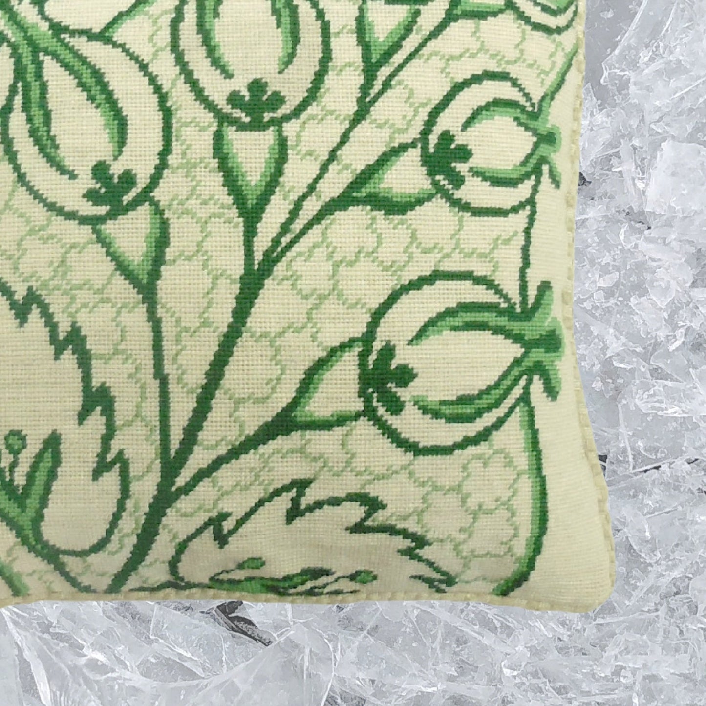 Handmade Wool Needlepoint Pillow Cover - Decorative Throw Cushion Cover - Vintage Floral Embroidery Design green big leaves/flowers checker cording