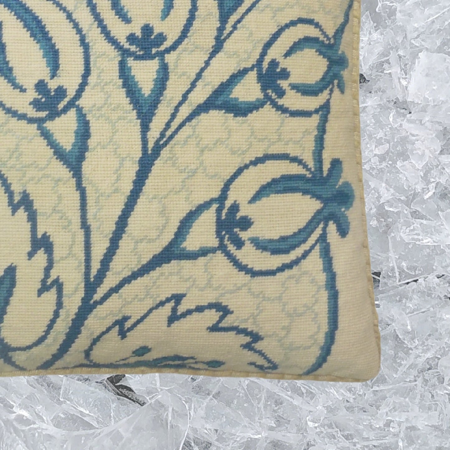 Handmade Wool Needlepoint Pillow Cover - Decorative Throw Cushion Cover - Vintage Floral Embroidery Design blue big leaves/flowers checker cording