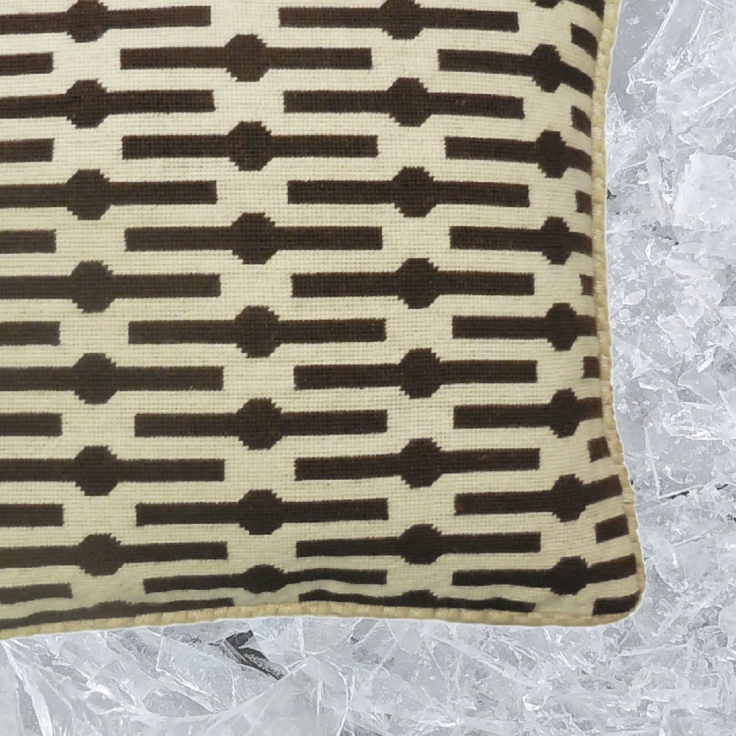 Handmade Wool Needlepoint Pillow Cover - Decorative Throw Cushion Cover - Vintage Floral Embroidery Design brown lines checkers cording