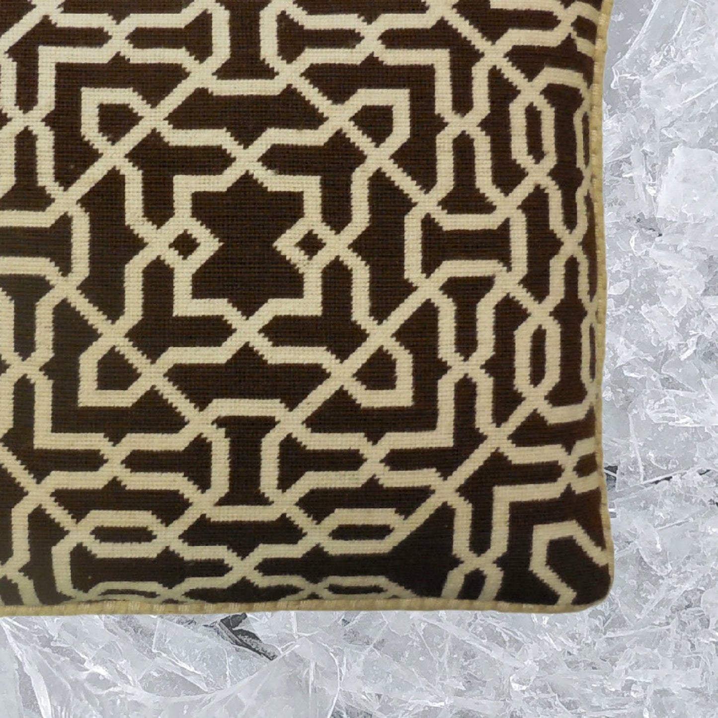 Handmade Wool Needlepoint Pillow Cover - Decorative Throw Cushion Cover - Vintage Floral Embroidery Design brown small window designs checker cording