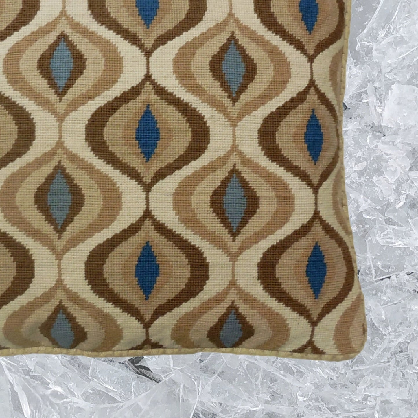 Handmade Wool Needlepoint Pillow Cover - Decorative Throw Cushion Cover - Vintage Floral Embroidery Design brown water drop pattern with checker cording