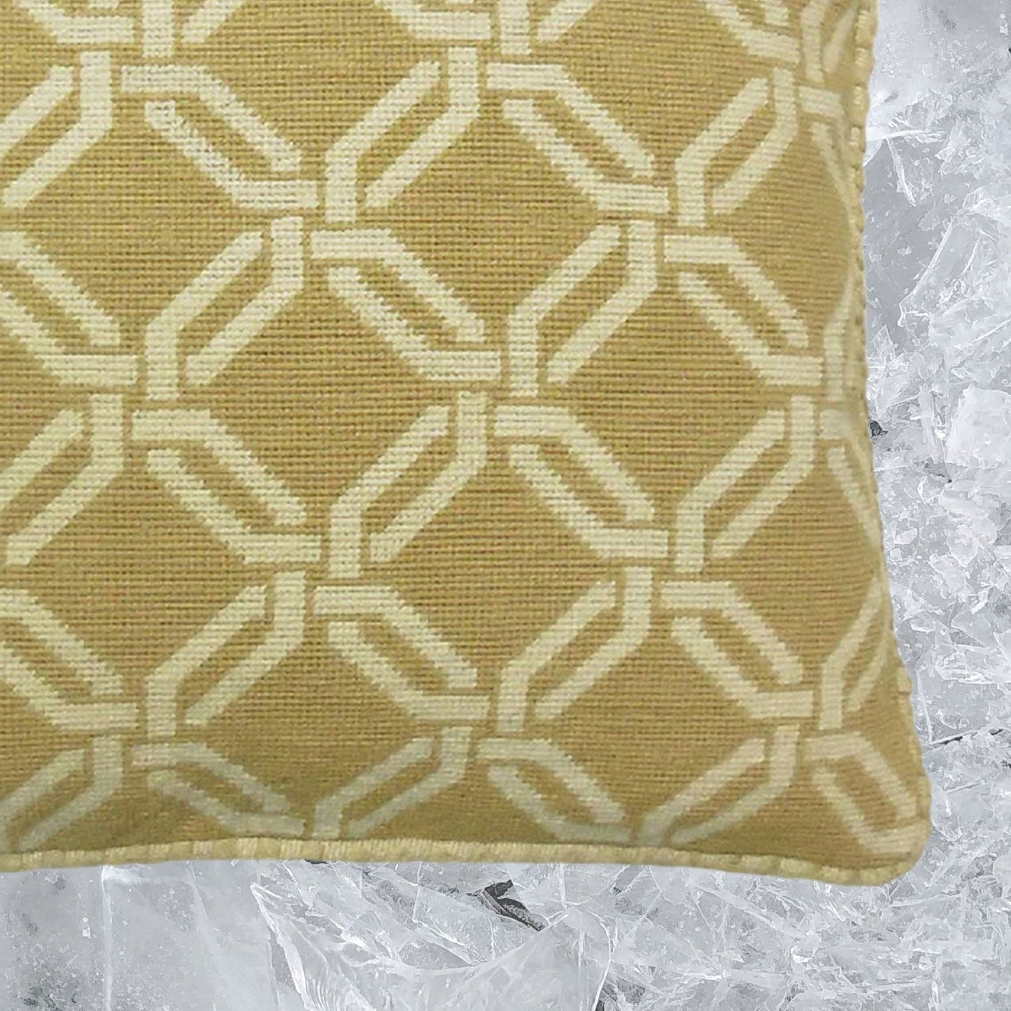 Handmade Wool Needlepoint Pillow Cover - Decorative Throw Cushion Cover - Vintage Floral Embroidery Design chain square in yellow checker cording