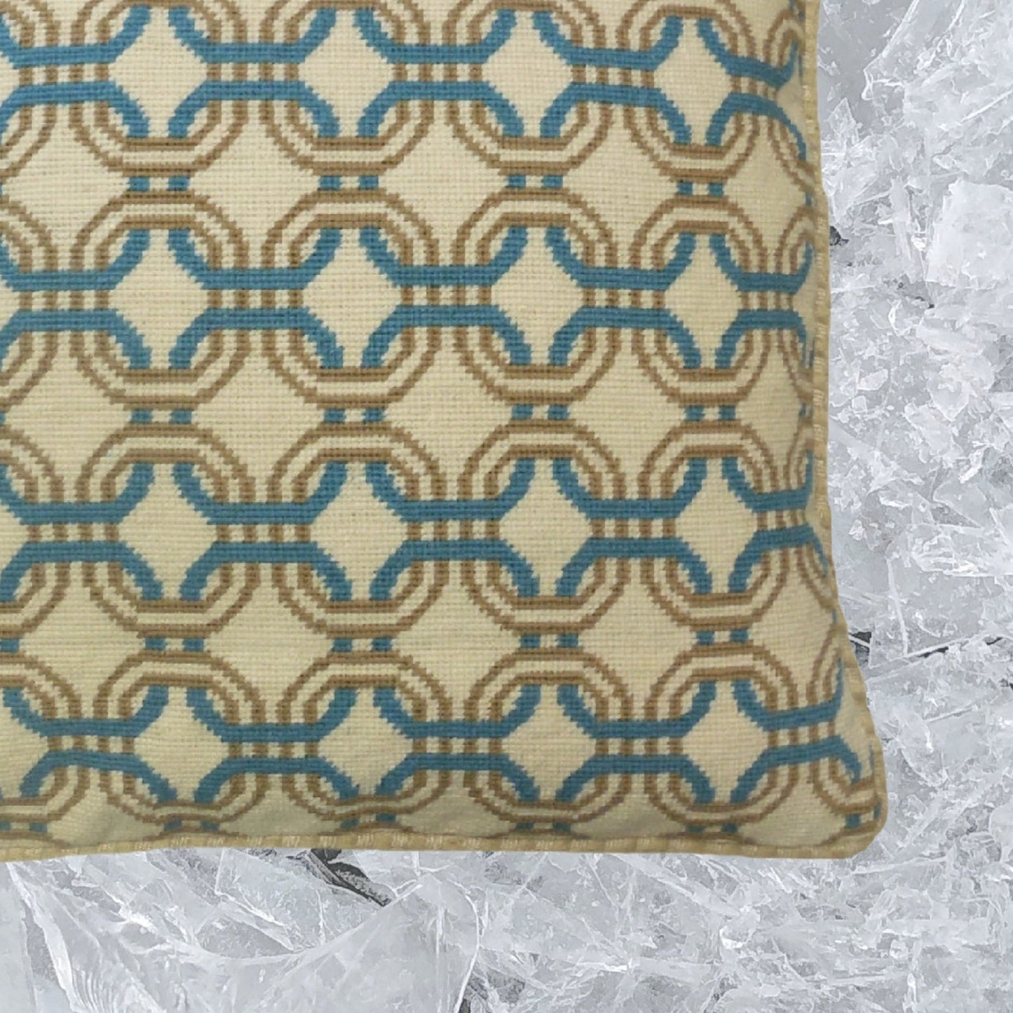 Handmade Wool Needlepoint Pillow Cover - Decorative Throw Cushion Cover - Vintage Floral Embroidery Design chain circle lake blue/mustard yellow checker cording